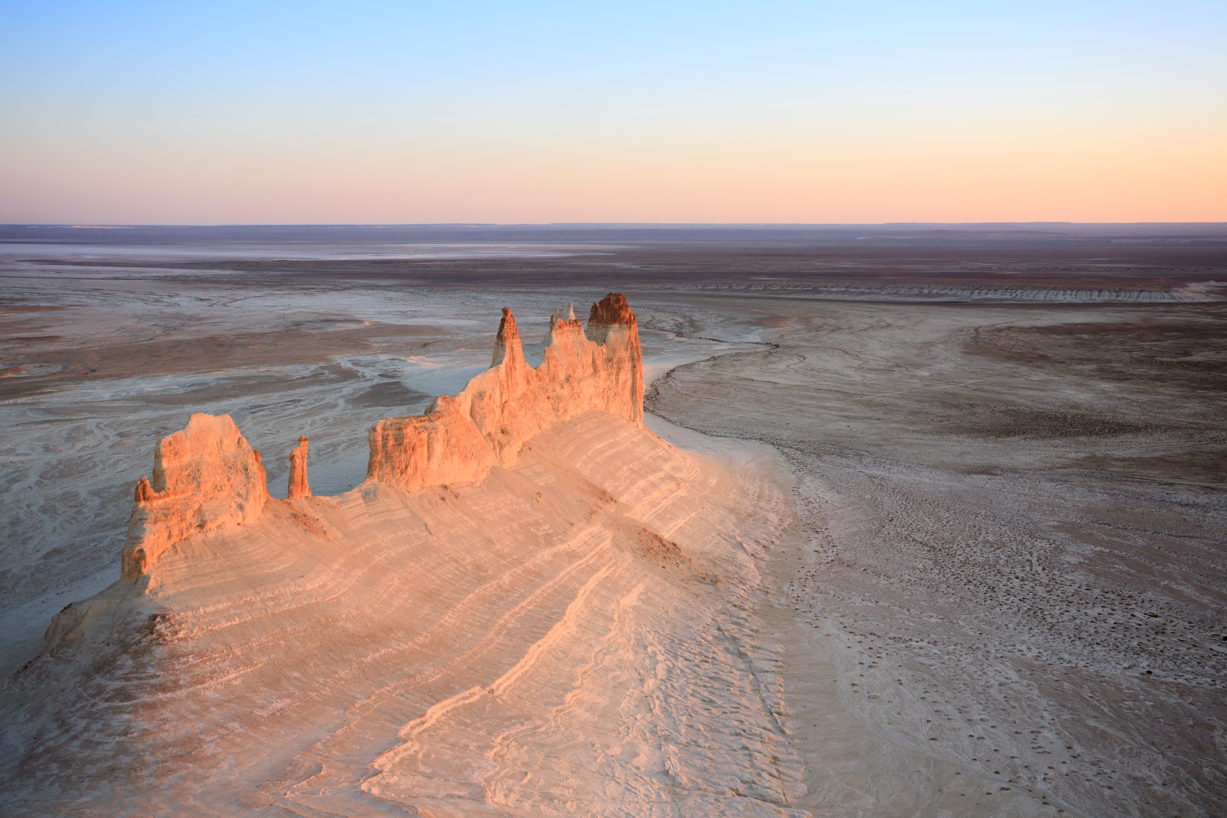 Boszhira Panorama of hills and ridges with limestone and chalk slopes in the Kazakh steppe, relief folds in the desert tract of Boszhira