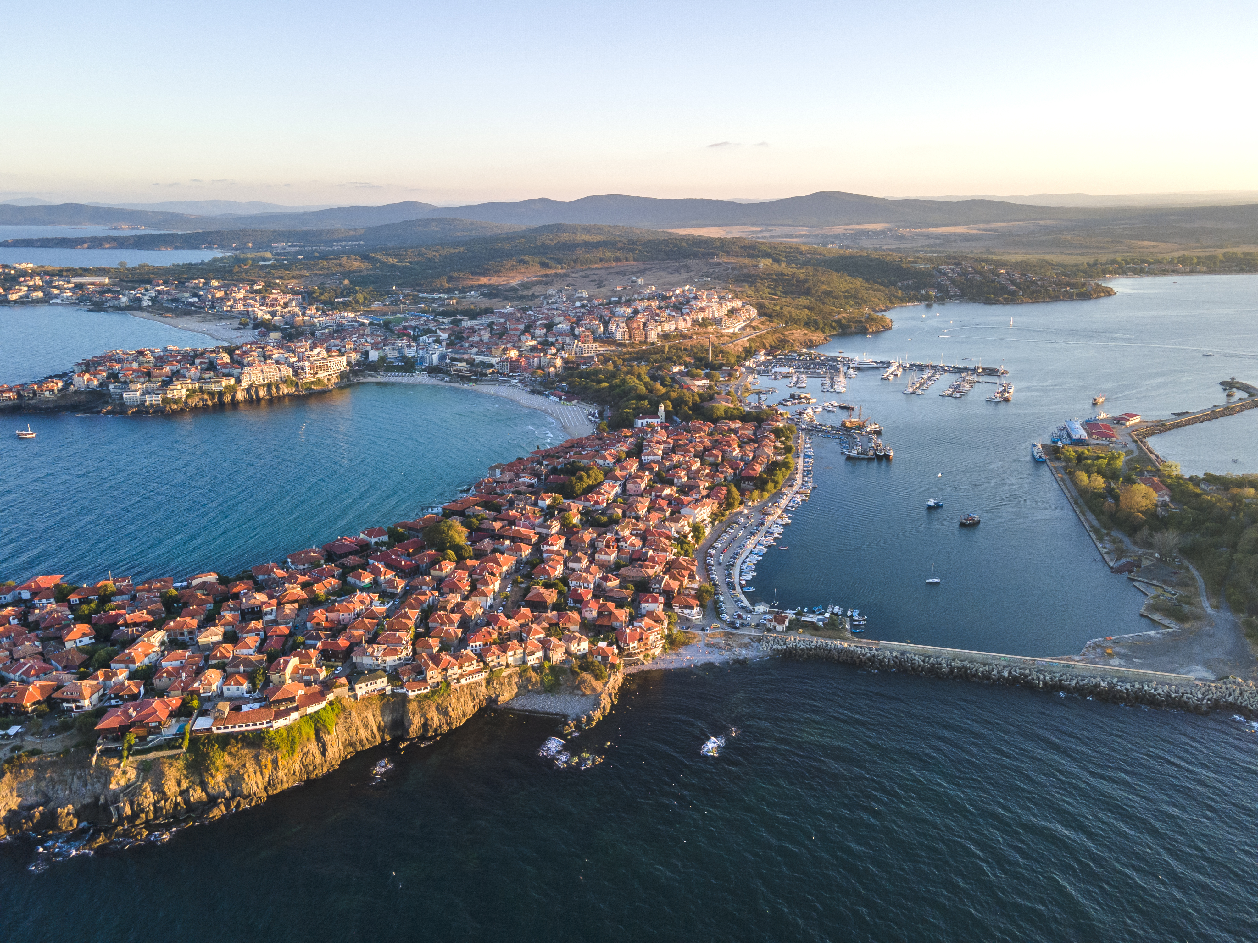 Aerial sunset view of old town of Sozopol, Burgas Region, Bulgaria