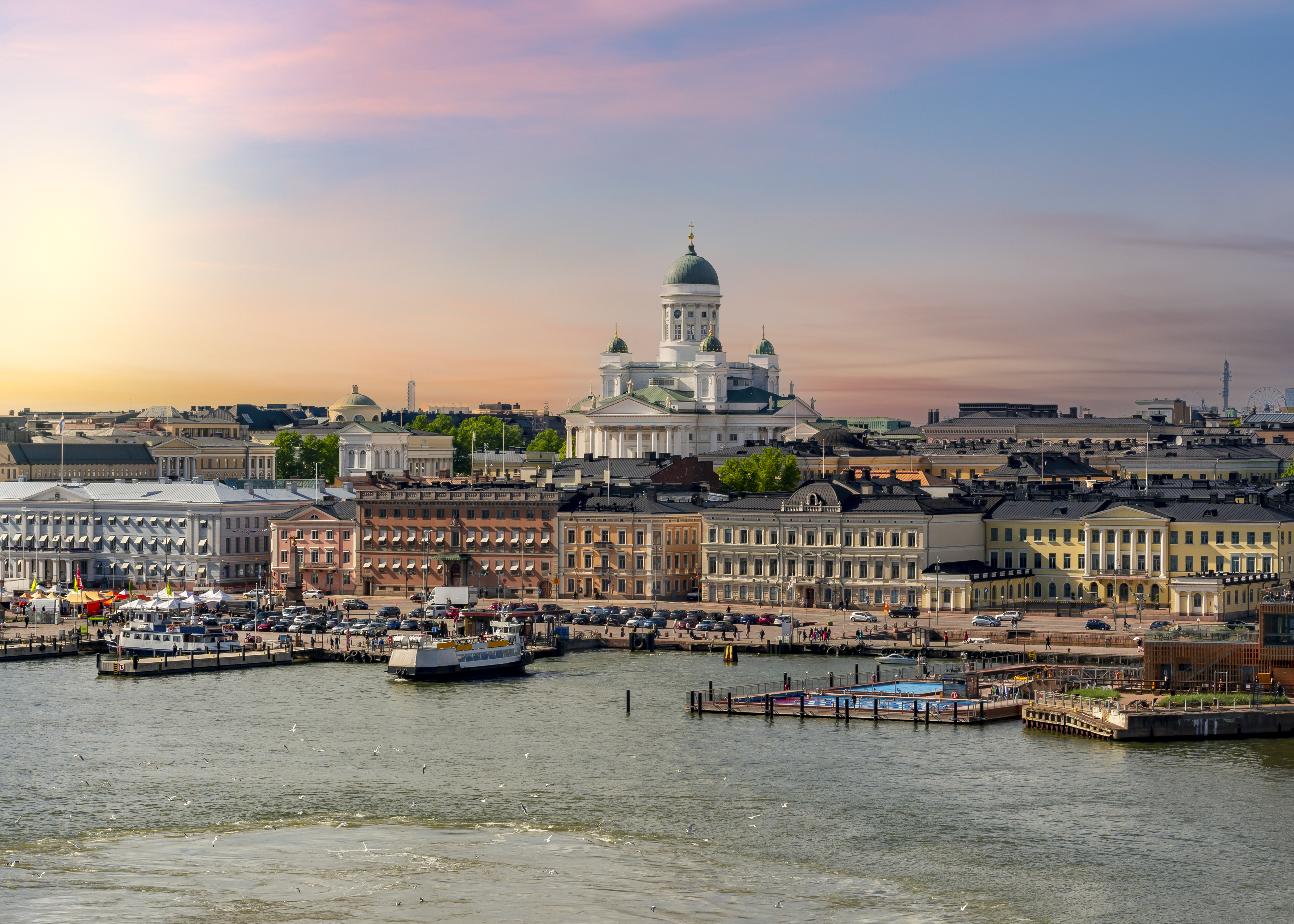 Helsinki cityscape and Helsinki cathedral at sunset, Finland