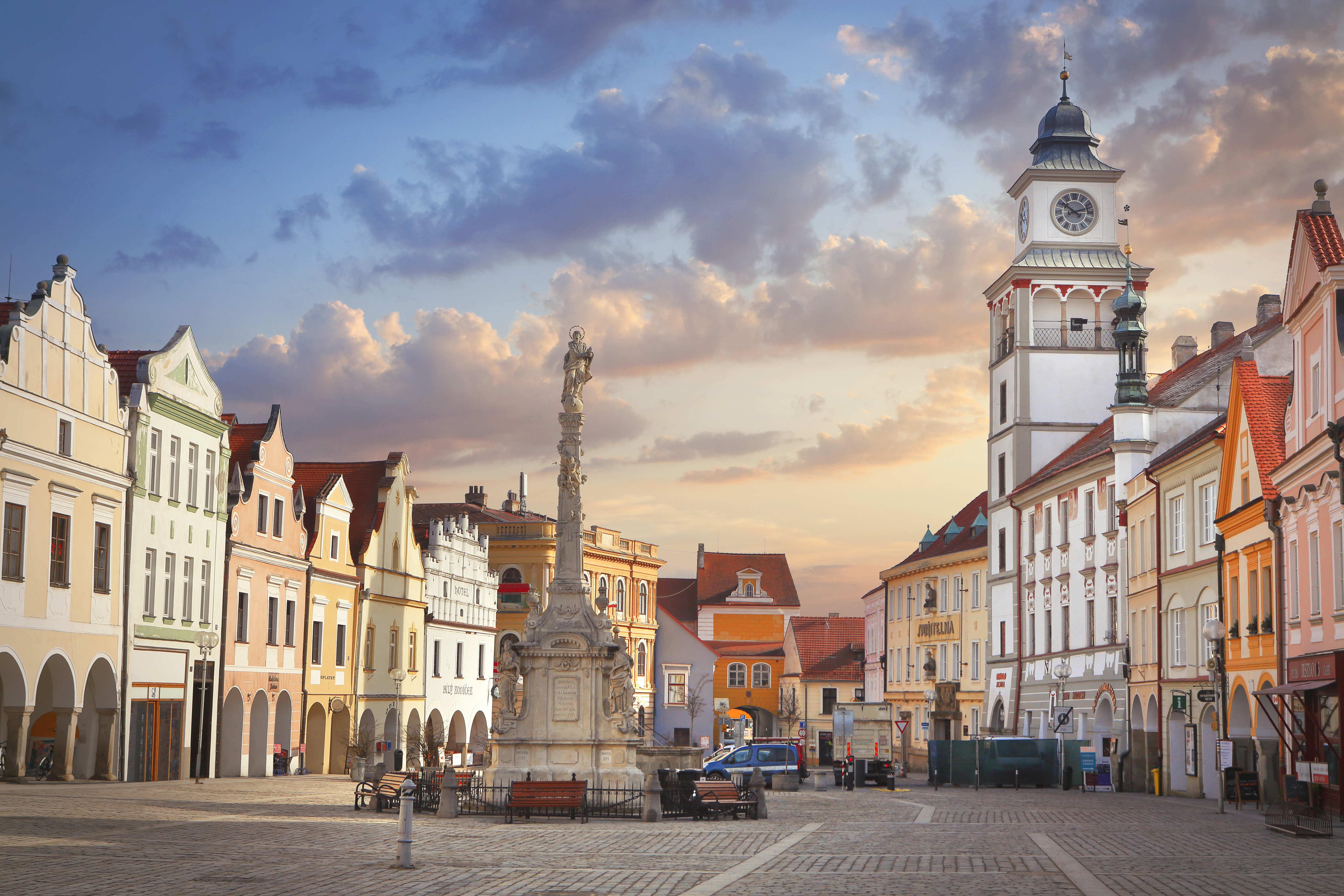 Main square in the south bohemian town Třeboň with town hall and St Mary's column