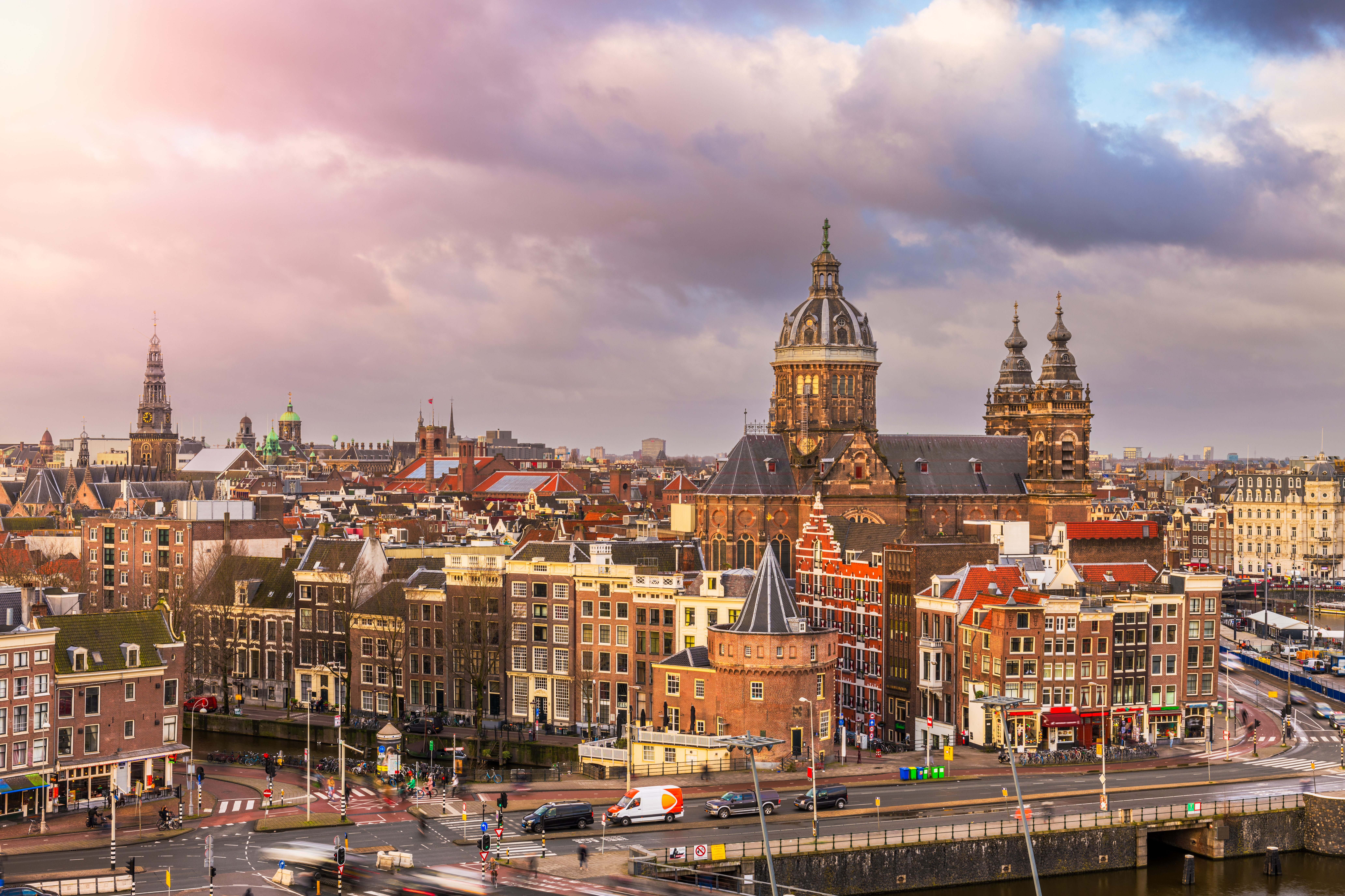 Amsterdam, Netherlands town cityscape over the Old Centre District with Basilica of Saint Nicholas