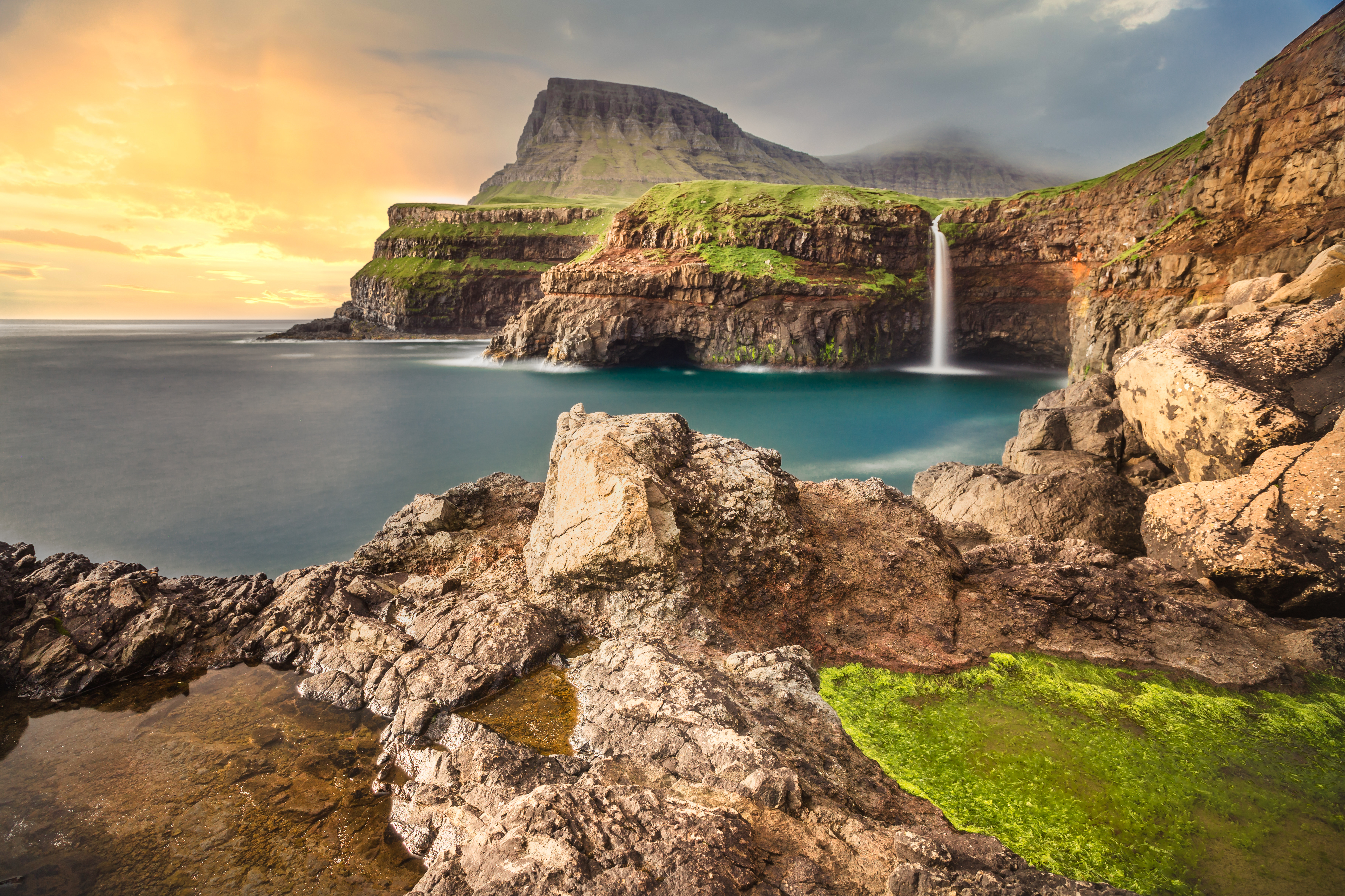 Gasadalur village and Beautiful waterfall, Vagar, Faroe Islands, Denmark