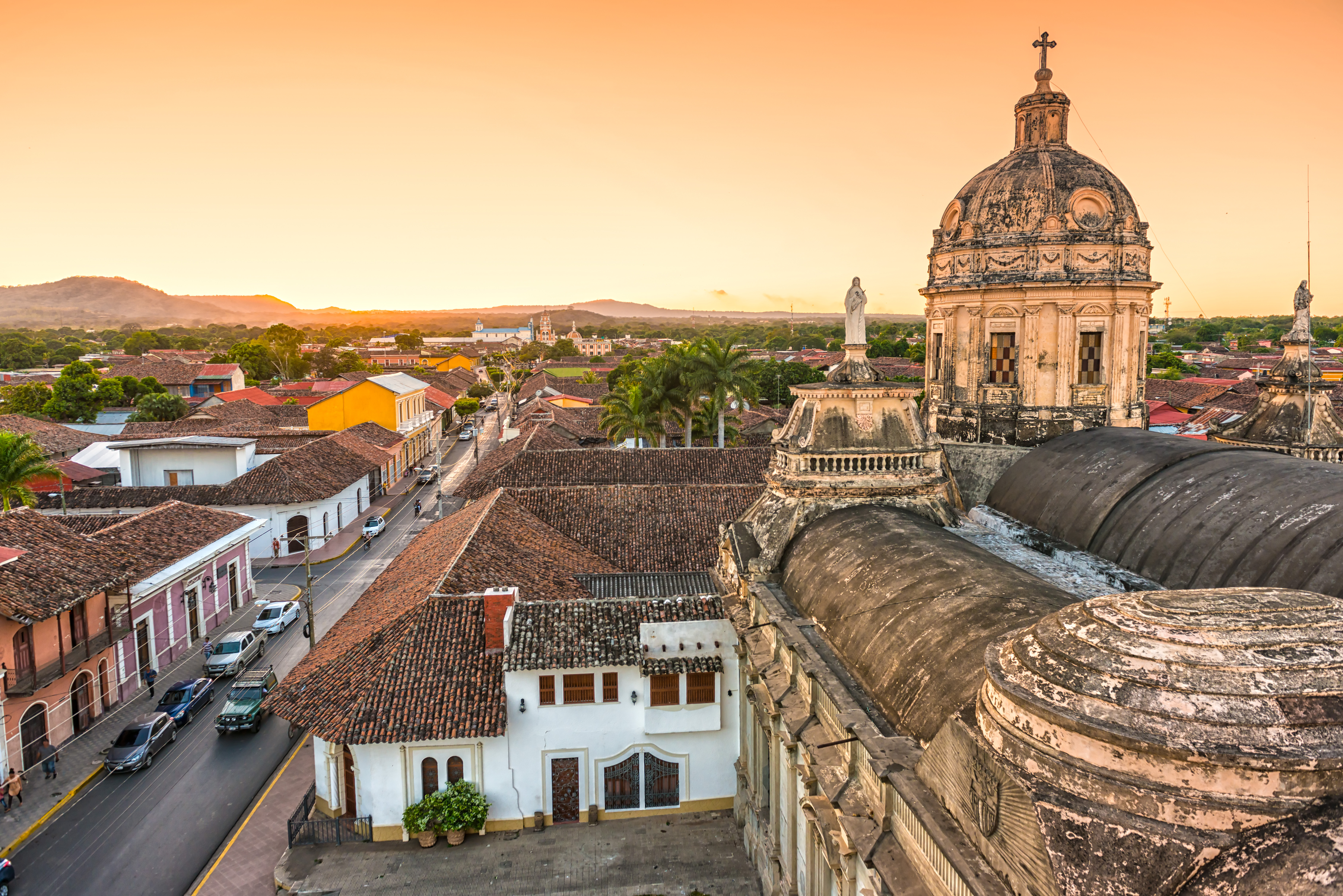 Granada, Nicaragua skyline of the old city of Granada, with cathedral and terracotta rooftops, in Nicaragua