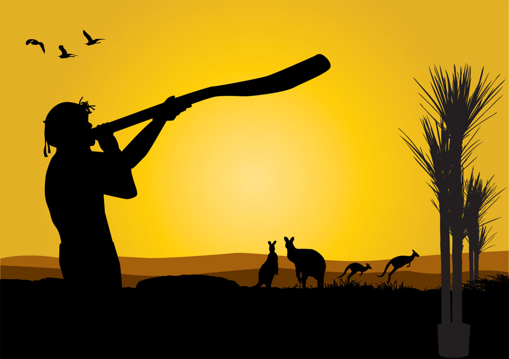Aboriginal Man Blowing into a Didjeridu and Kangaroos at Dusk Vector