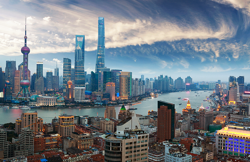 Aerial View of Shanghai Bund and Skyline at Twilight, China