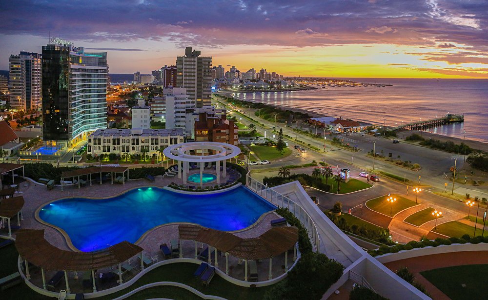 Aerial view over Punta Del Este and Atlantic Ocean at sunset, Uruguay