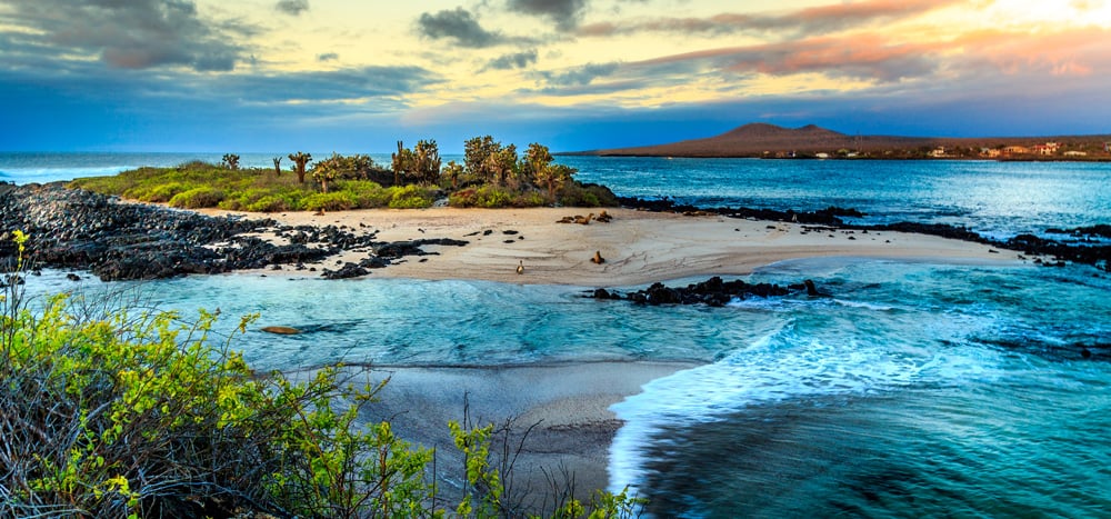 view of volcanic island with sand and water