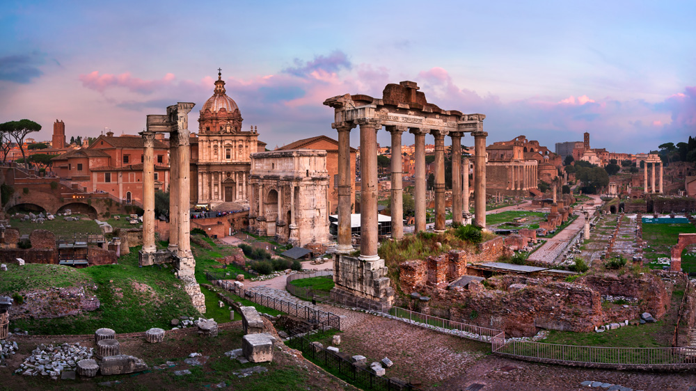 Panorama of Roman Forum at sunset, Rome, Italy