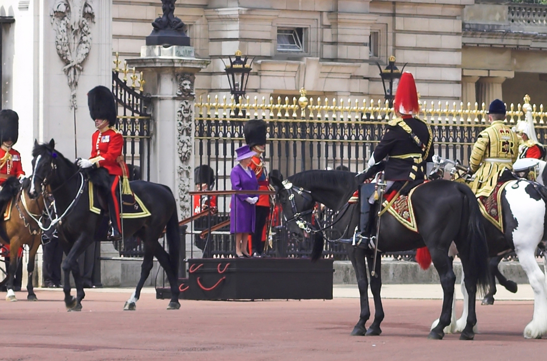 Royal Parade in London and Guards marching in front of Queen Elizabeth II, London, England, UK Cropped