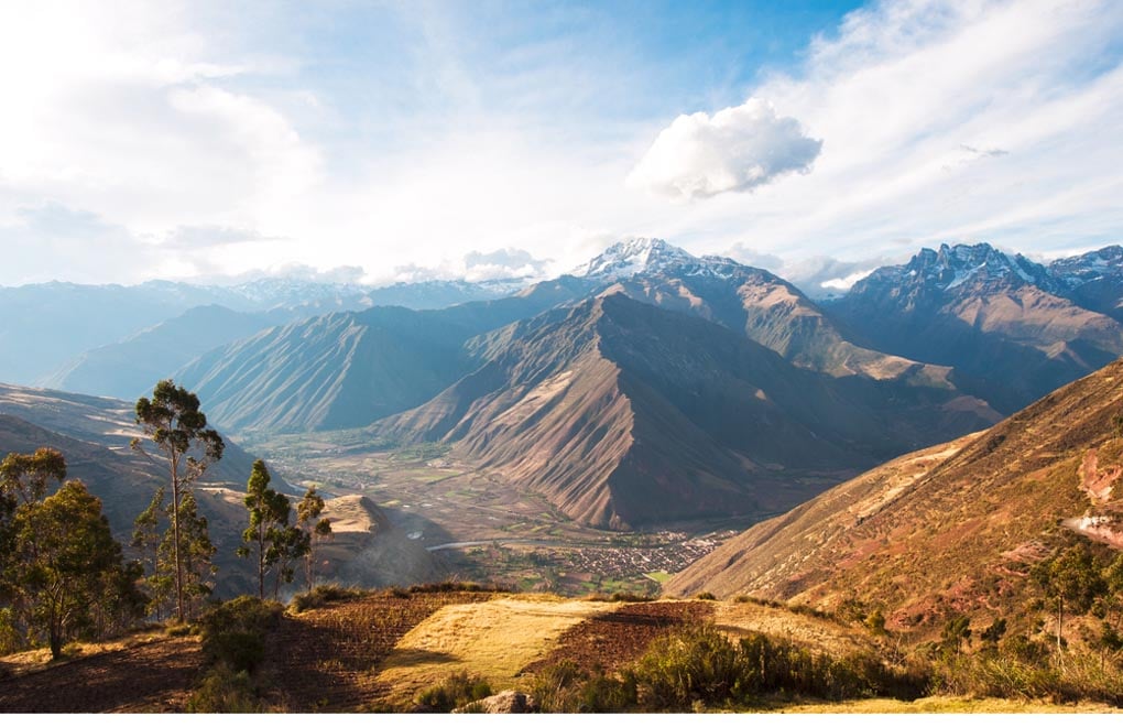 Sacred Valley harvested wheat field in Urubamba valley in Peru