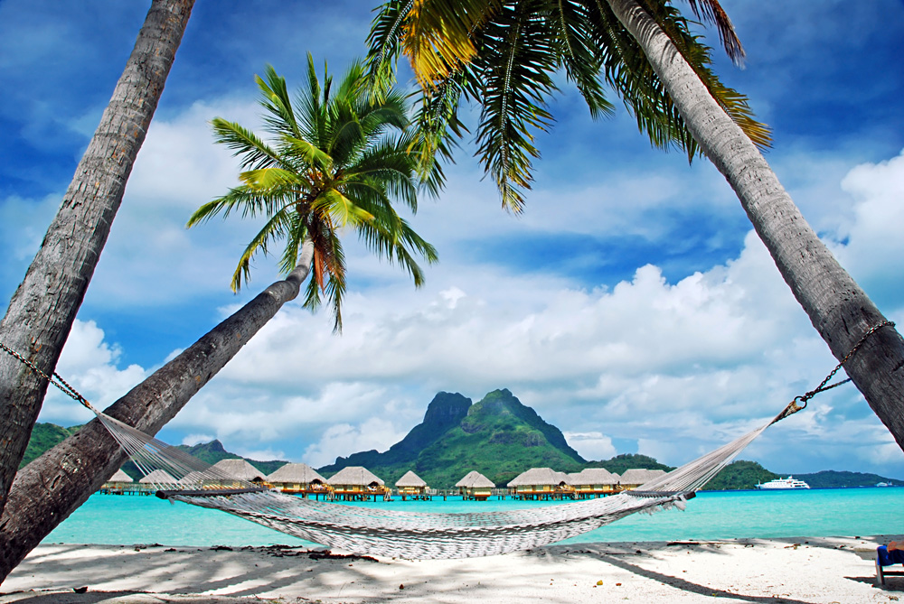 View of the Otemanu Mountain, Palm Trees and Empty Hammock, Bora Bora, Tahiti (French Polynesia)