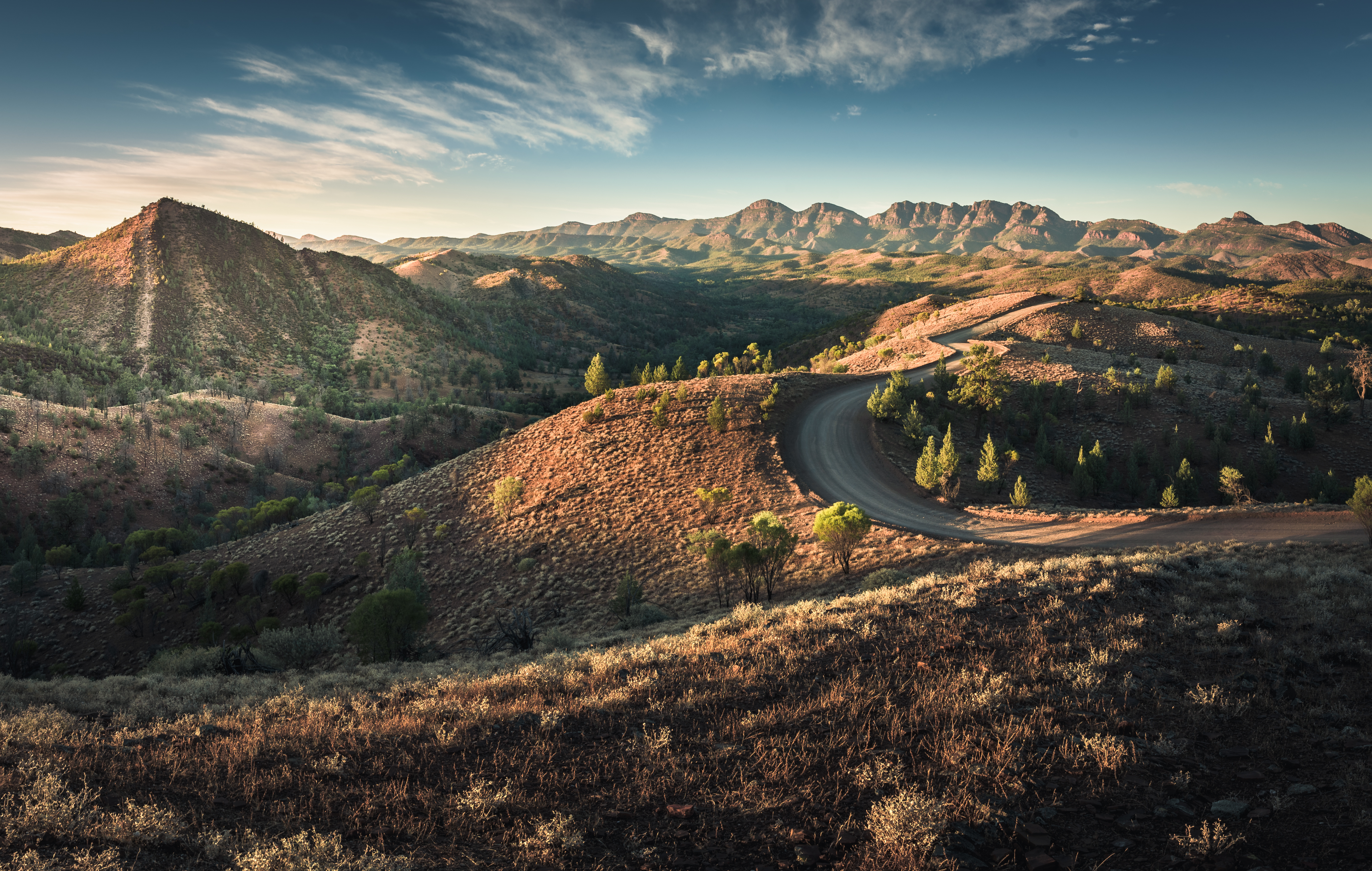 view of golden hills and a road