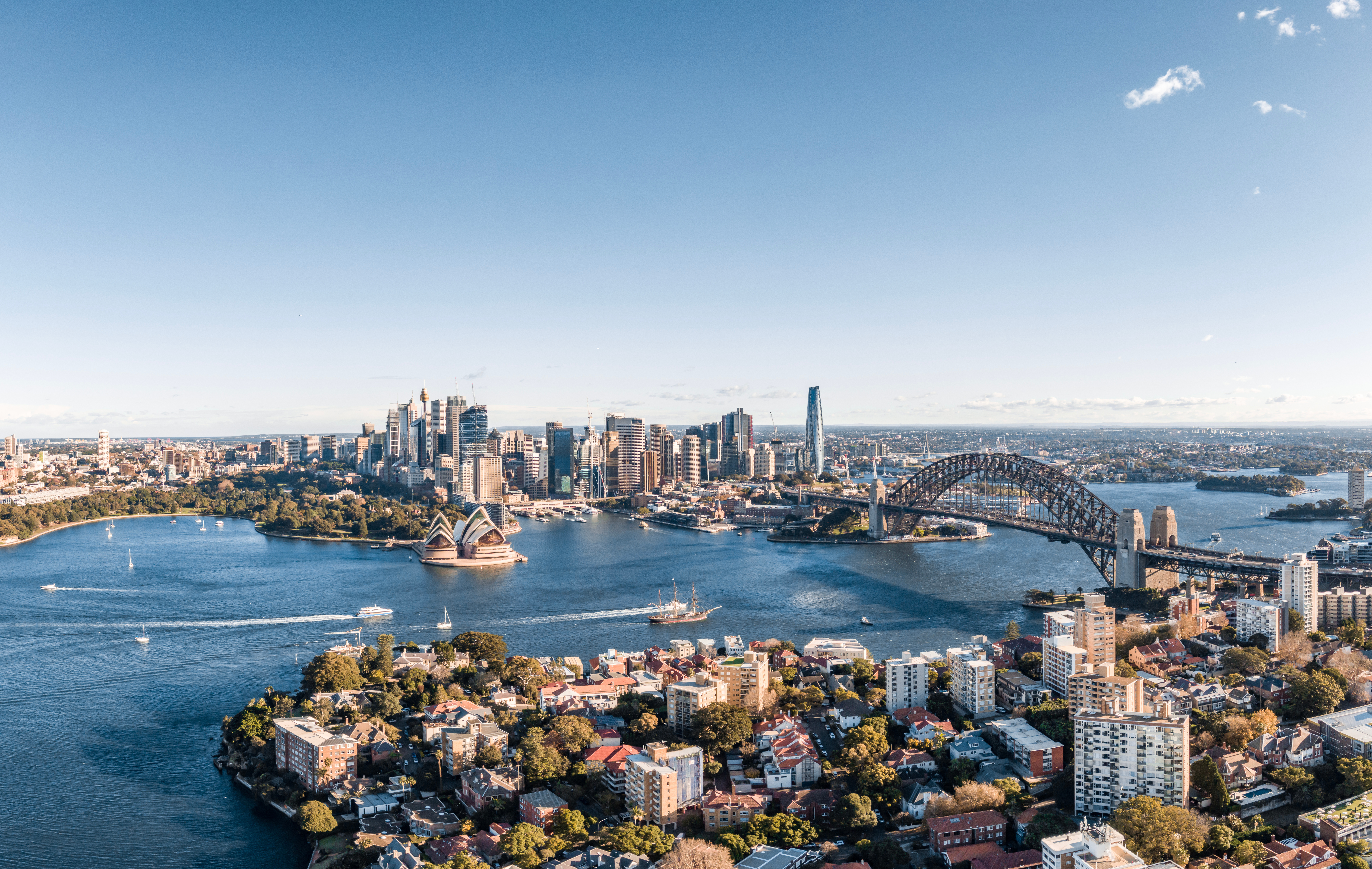 aerial view of Sydney, Australia with the Sydney Opera House and Sydney Harbour Bridge in full view along with the harbour skyline