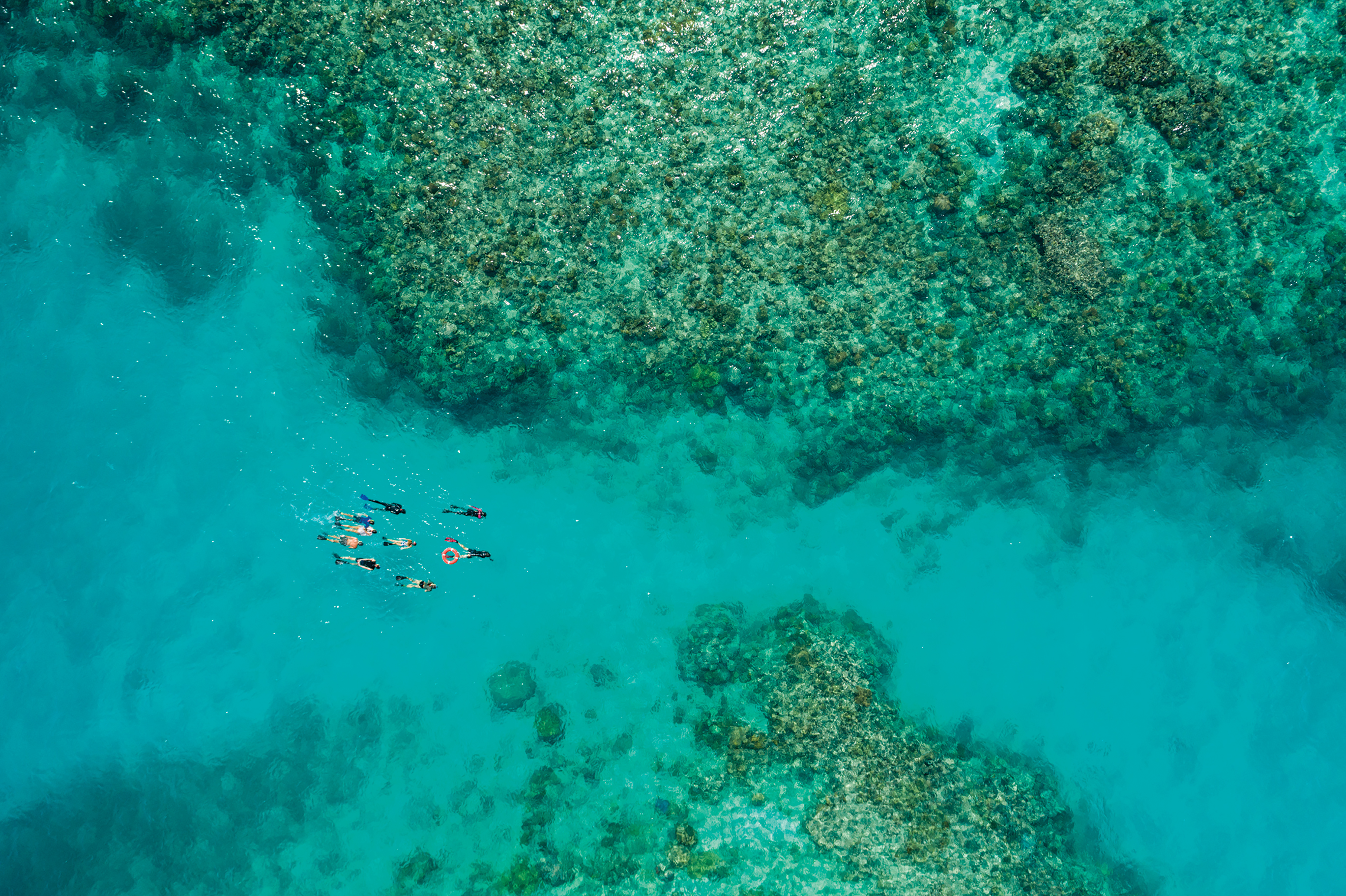 aerial view of snorkellers in the waters above a coral reef