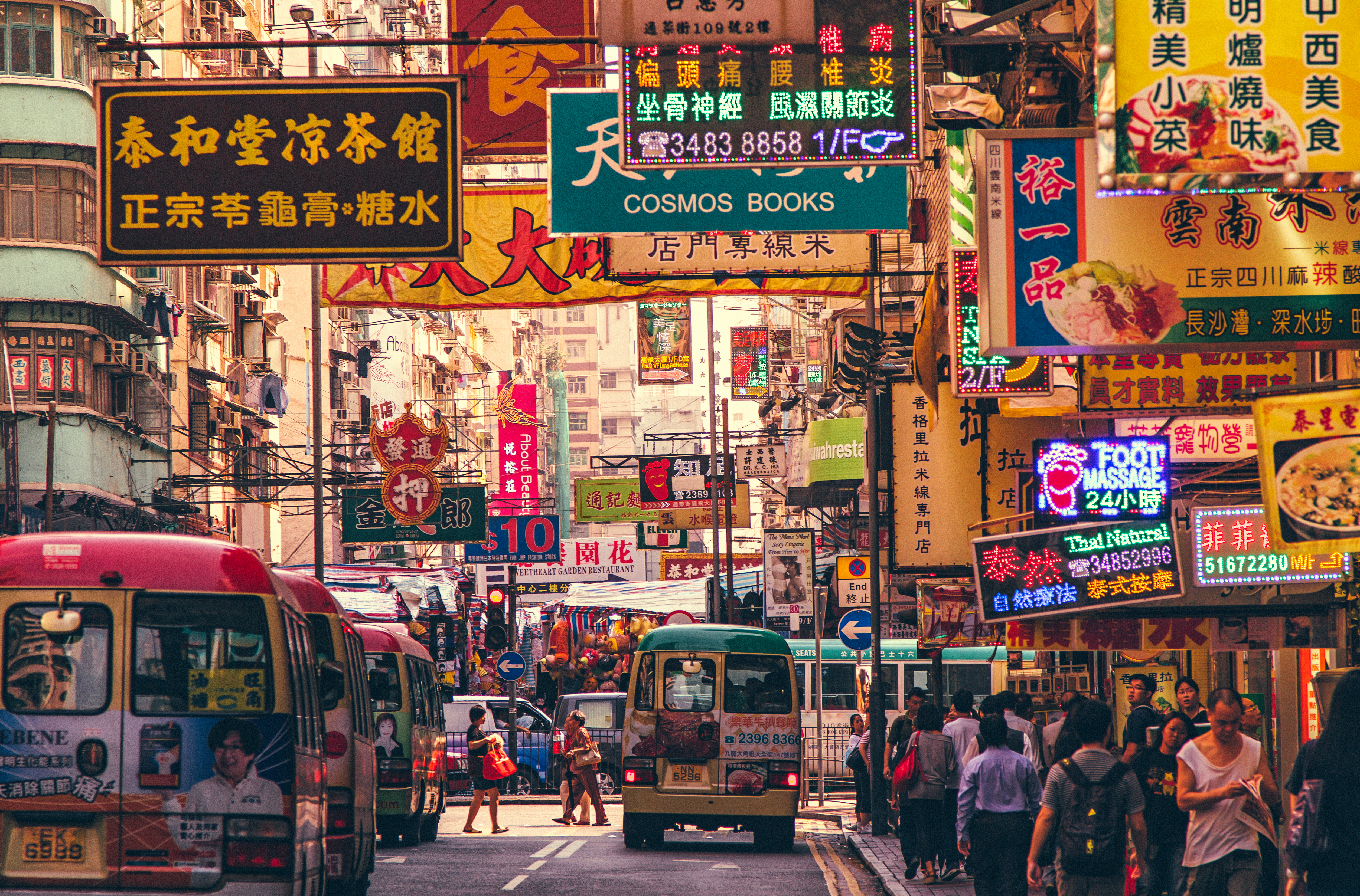 An iconic street scene of the Mongkok District in Hong Kong.