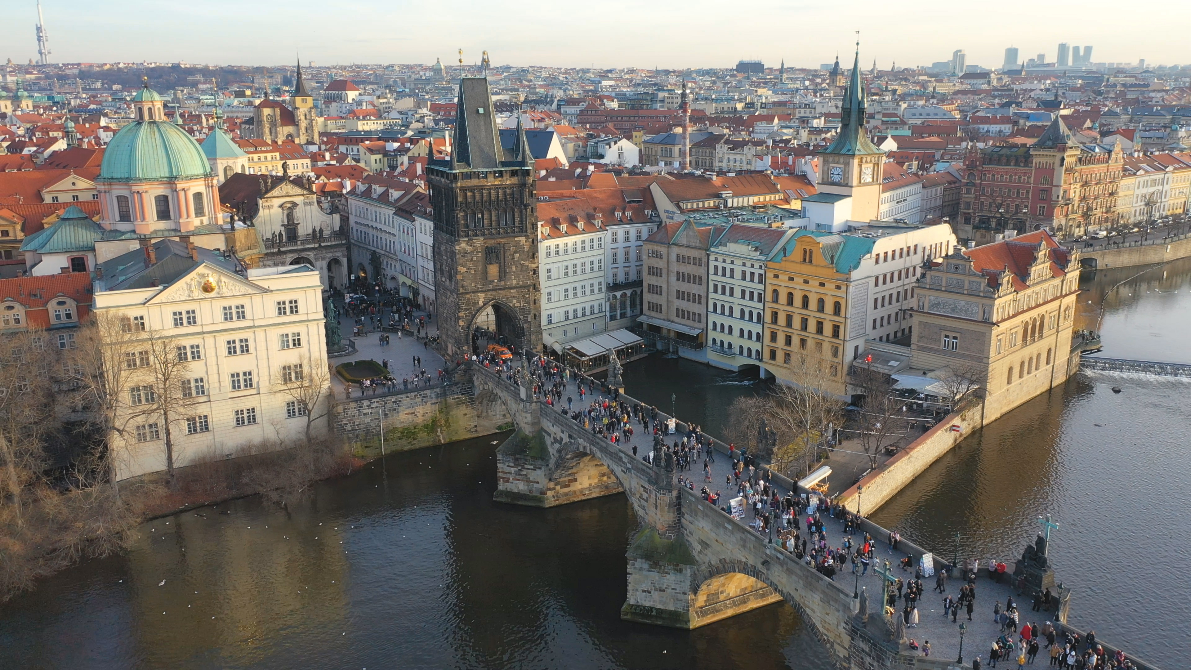 Aerial view of Charles Bridge at sunset light in desember in Prague, Czech Republic 