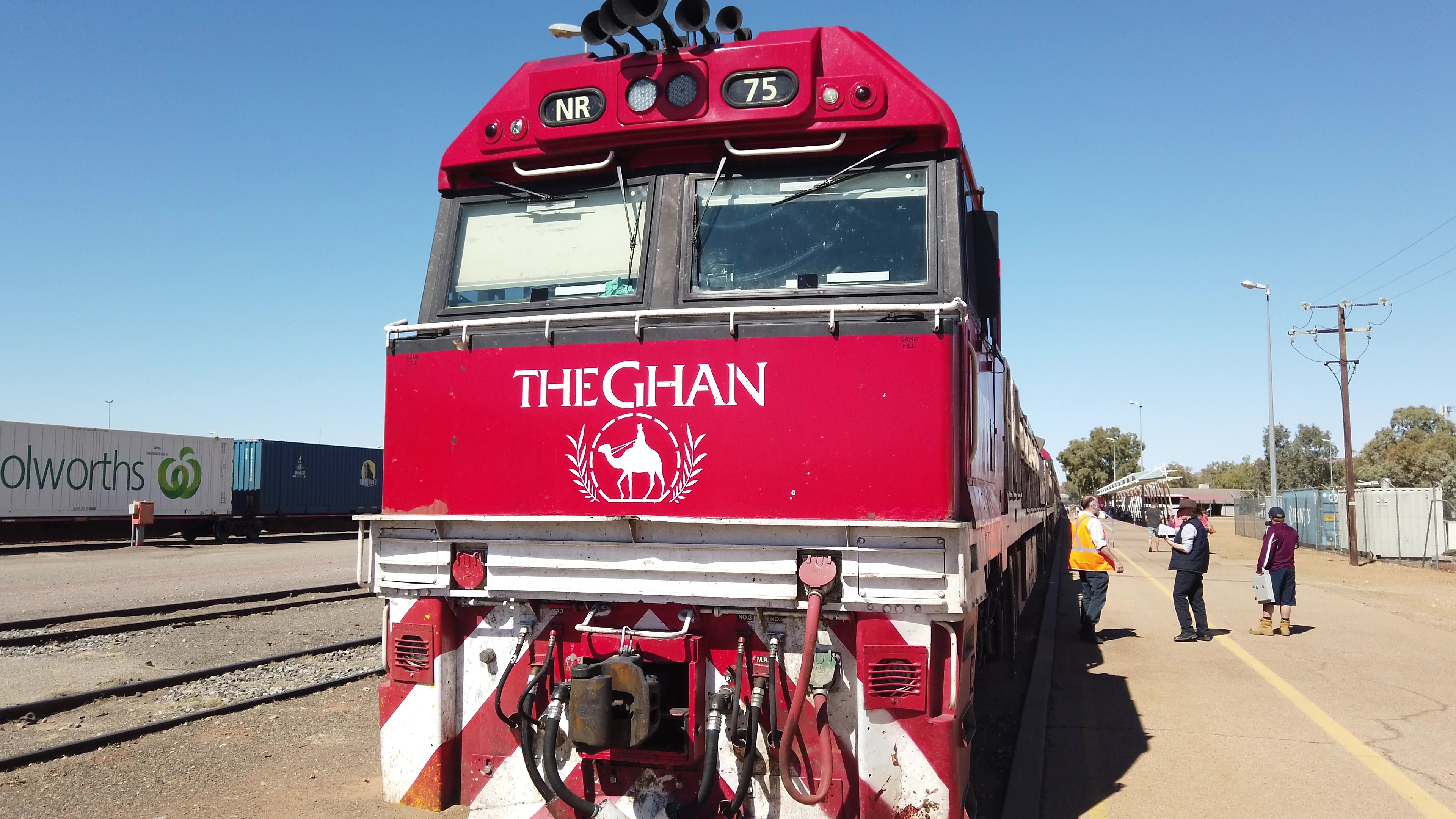 The Ghan Australian iconic luxury passenger train stopped at Alice Springs station on Adelaide-Darwin route.