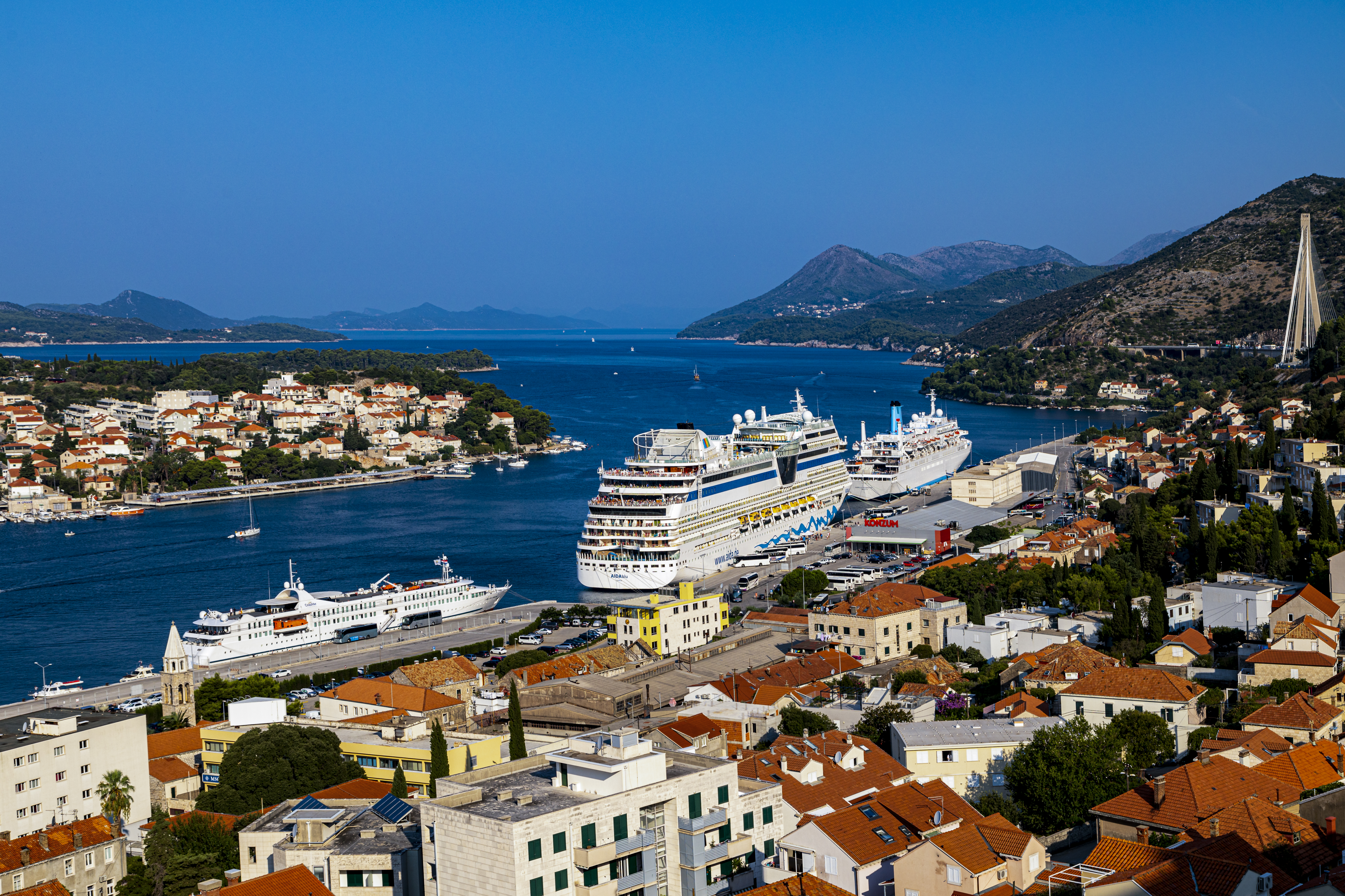 Cruise Ships with a panoramic view from the hillside of the harbour and the surrounding hills.