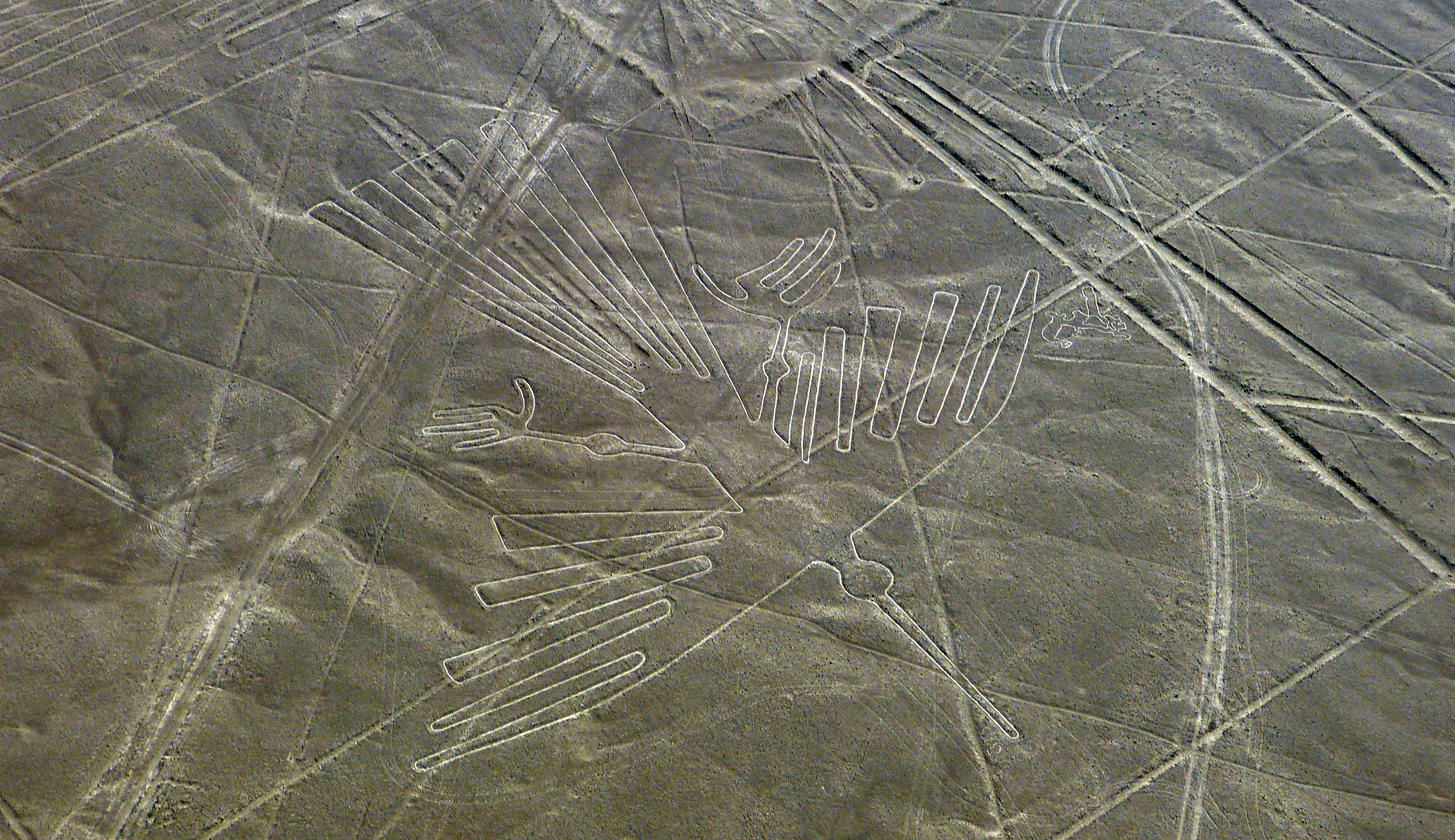 Nazca Condor Lines Geoglyphs in Nasca desert, ancient Nazca culture, aerial view