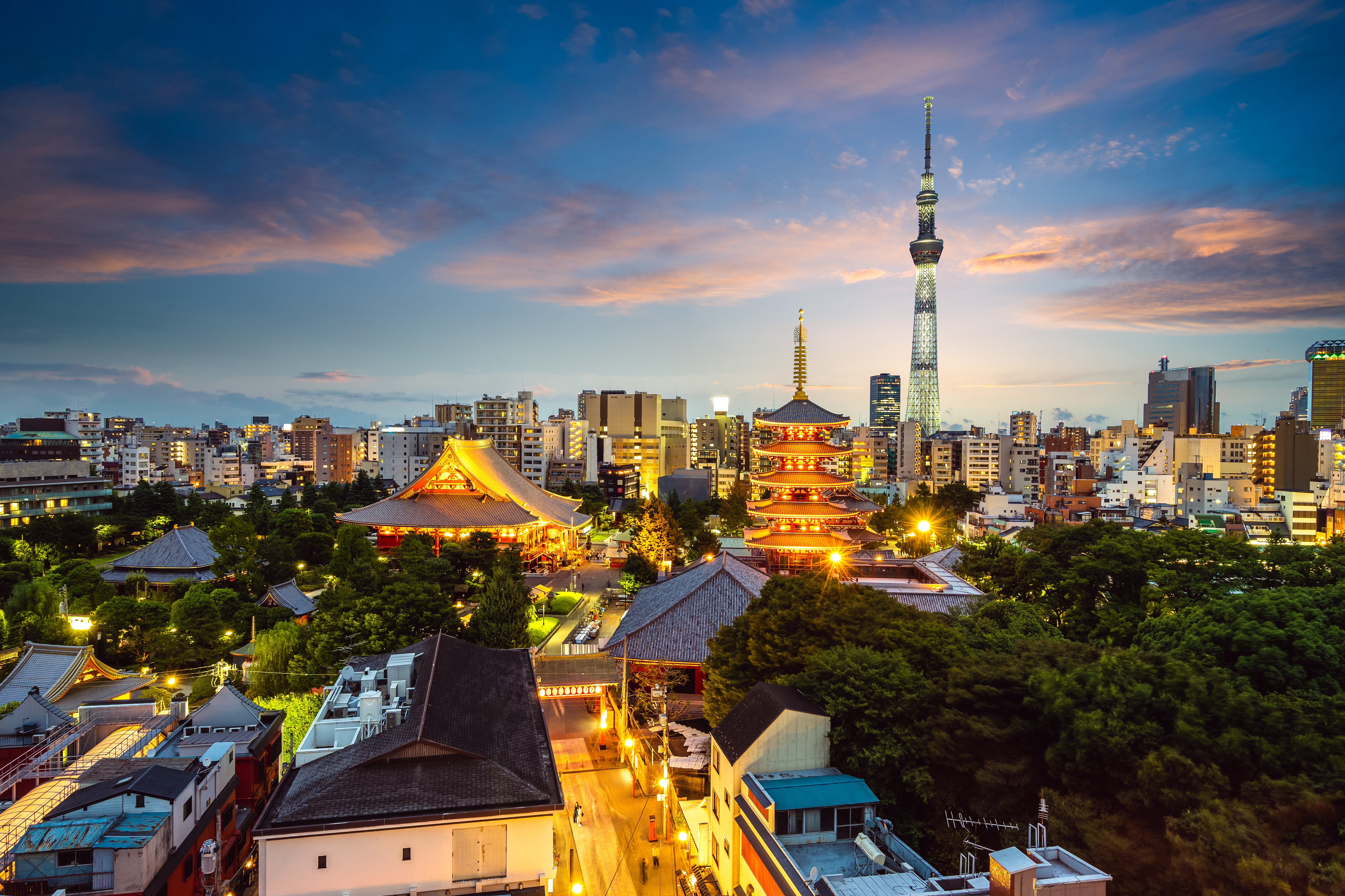 View of Tokyo skyline with Senso-ji Temple and Tokyo Skytree at twilight, Japan