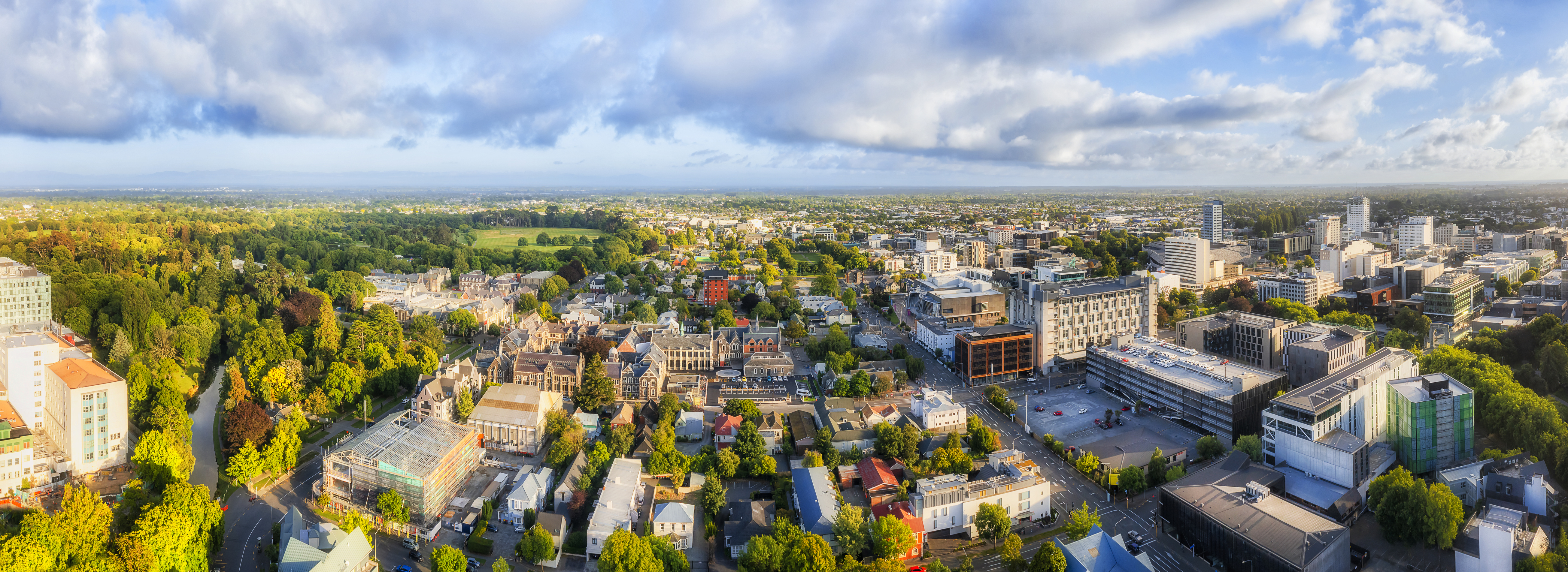 Aerial cityscape panorama of christchurch city skyline in New Zealand Canterbury.