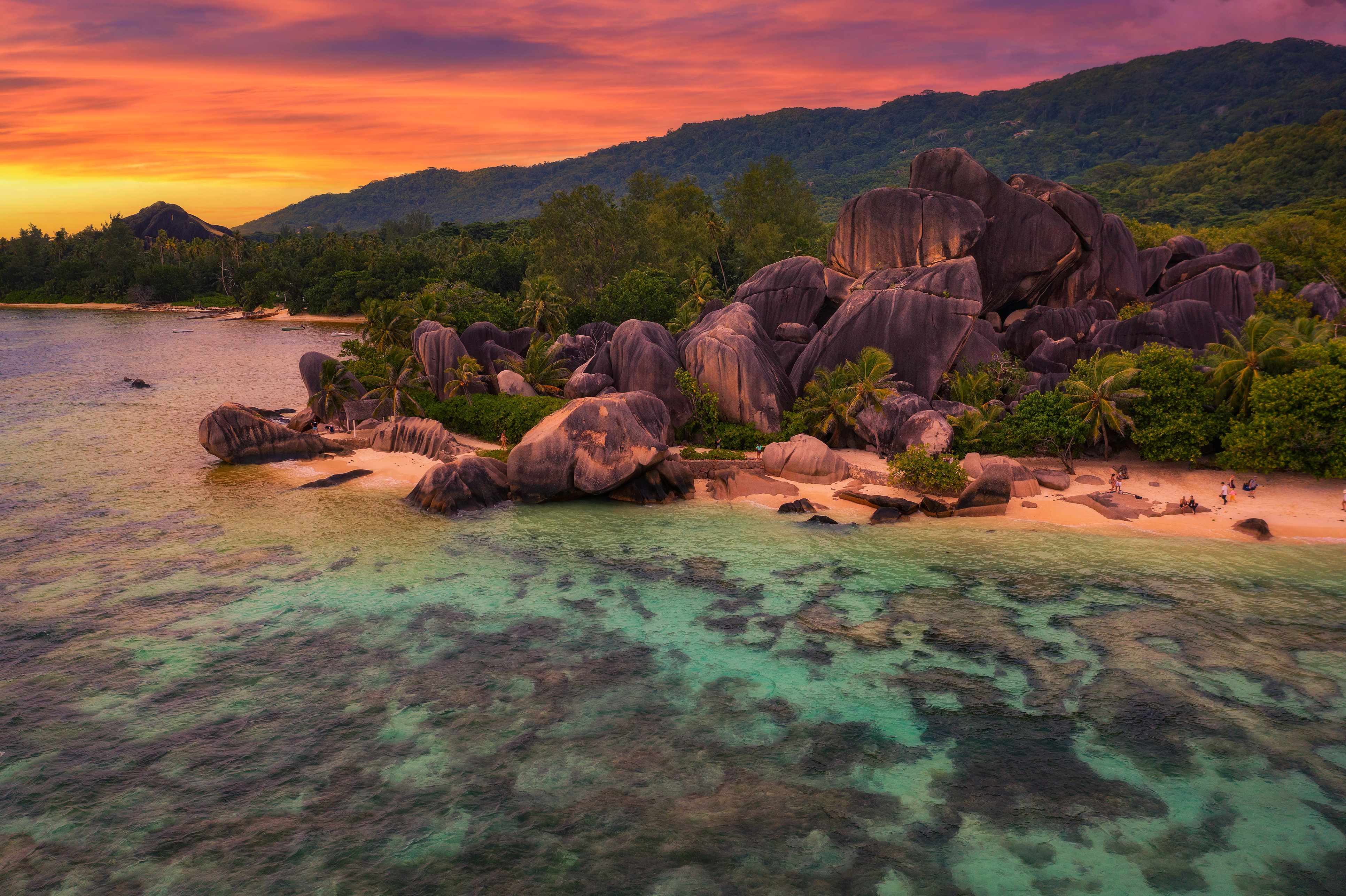 Sunset above Anse Source D'argent beach at the La Digue Island, Seychelles