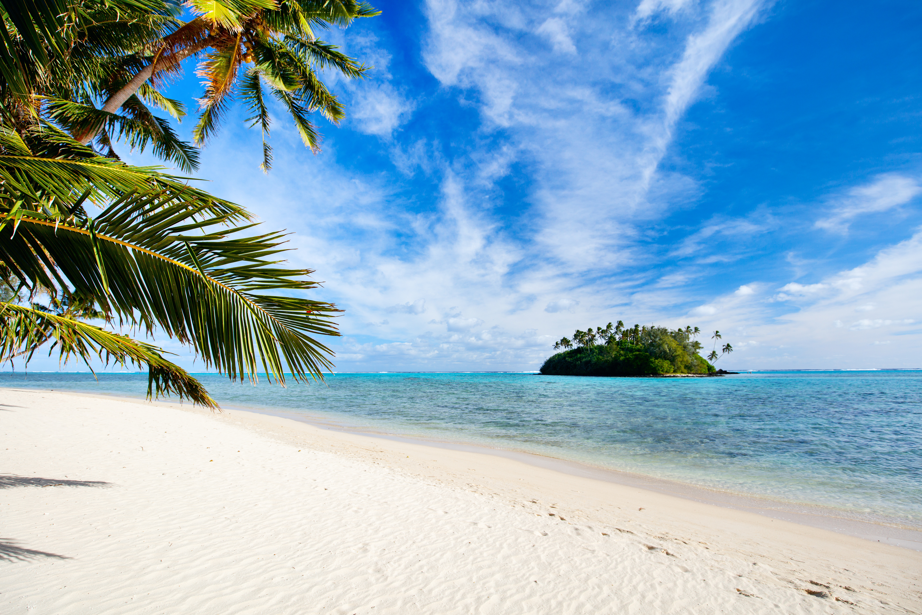 Beautiful tropical beach with palm trees, white sand, turquoise ocean water and blue sky at Cook Islands, South Pacific