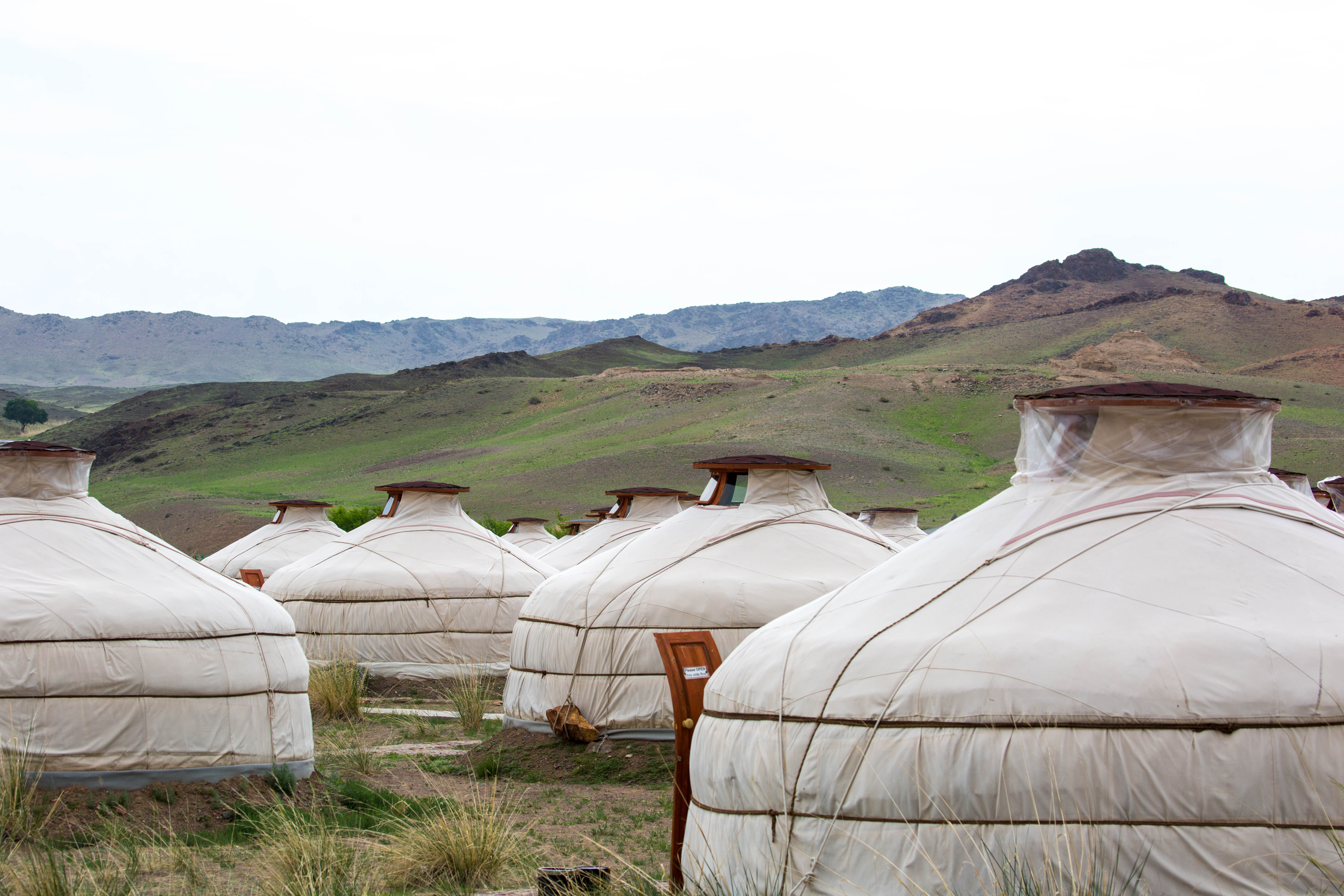 Rows of traditional Mongolian gers at the Secret of Ongi camp in Saikhan Soum.
