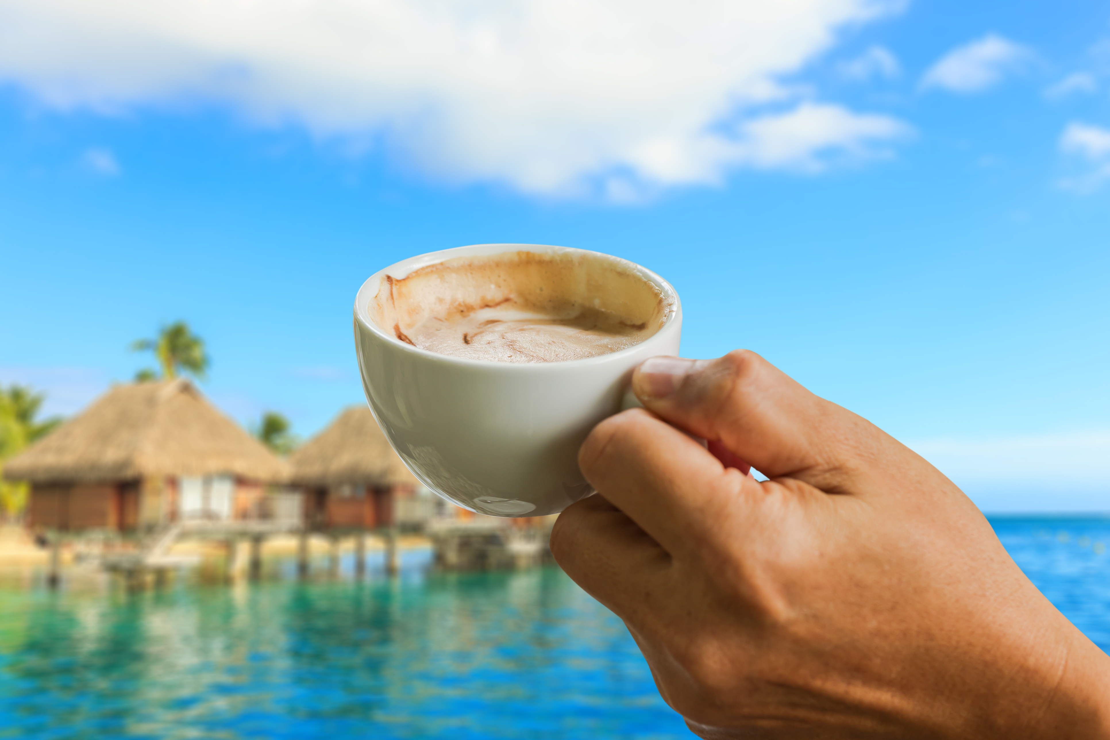 cup of coffee in the hands on seascape background