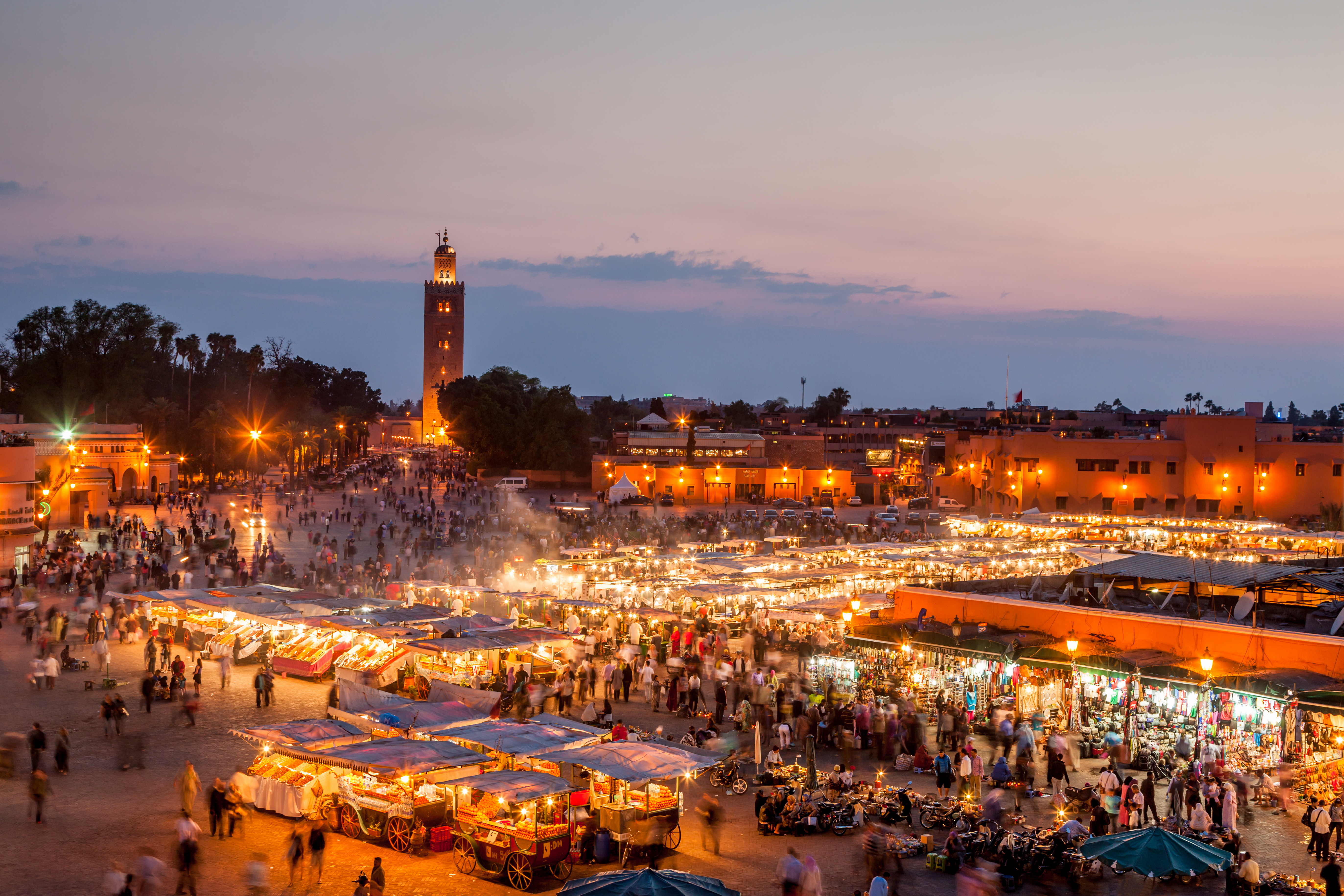 view of the market stalls of the central square in Morocco's Marrakesh