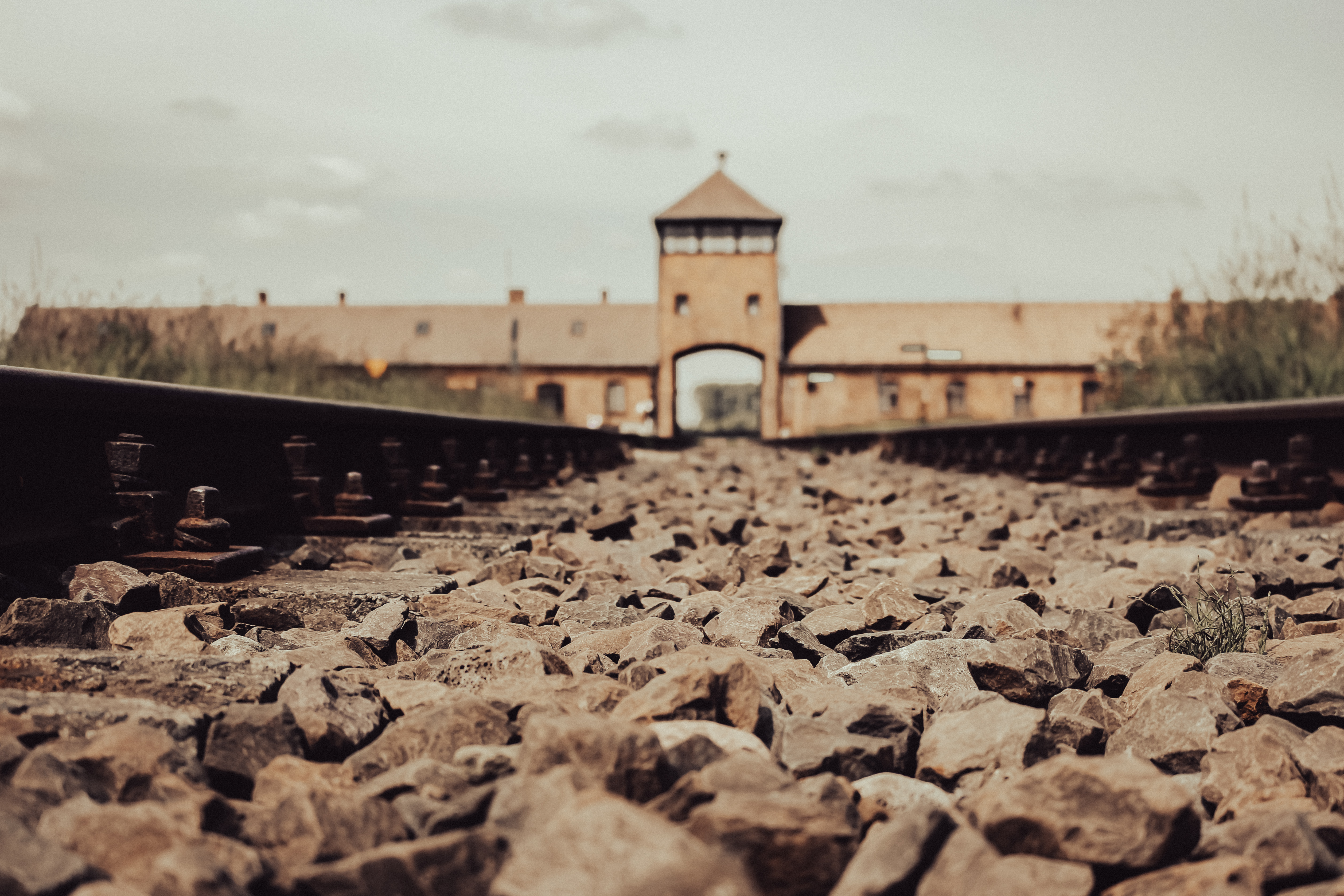 Gate to concentration camp Auschwitz, Oswiecim. Rail entrance to Auschwitz. Holocaust memorial.