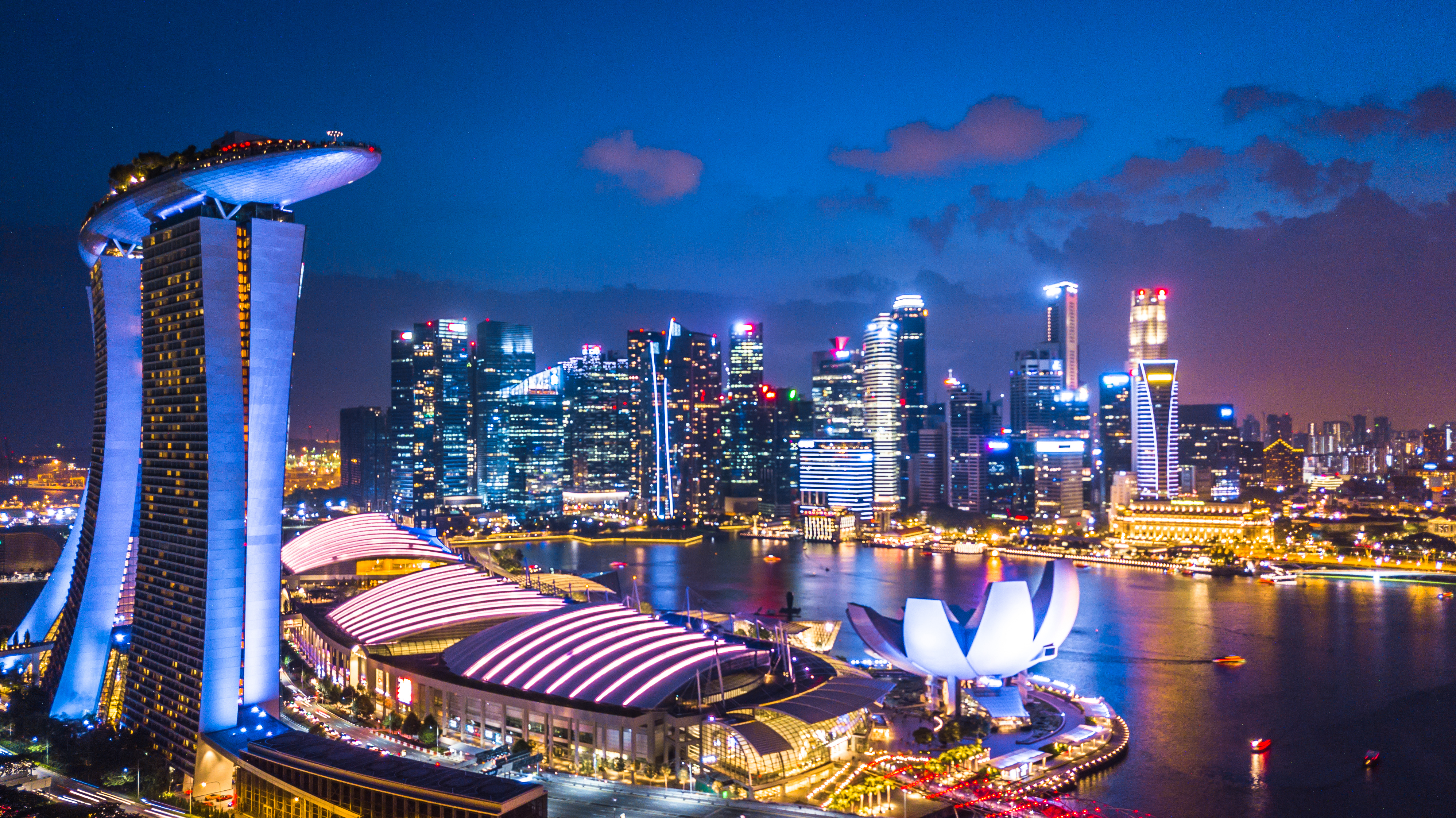 Aerial view of Singapore skyline at night near Marina Bay, Singapore