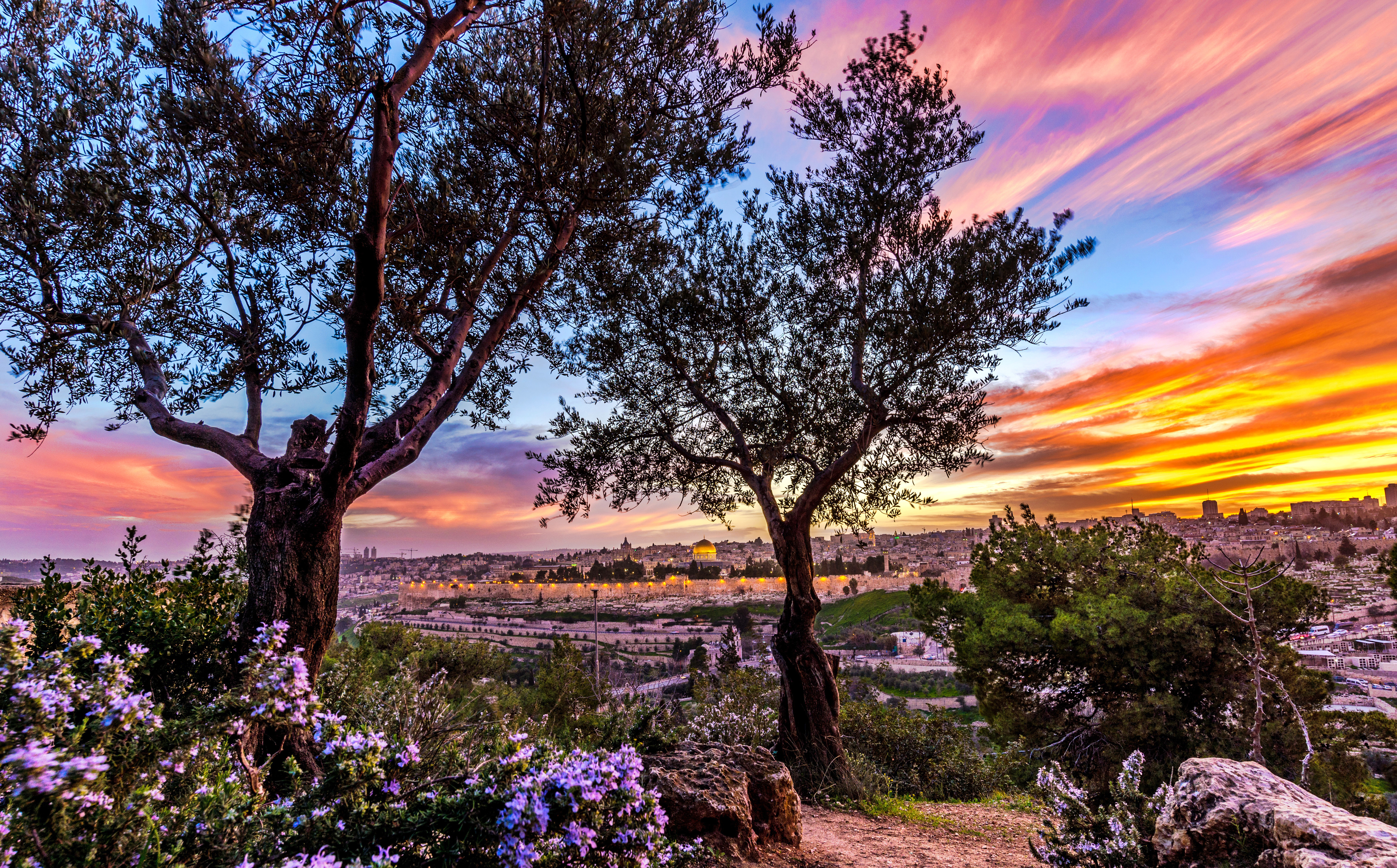 Dramatic sunset over Jerusalem seen from Mount of Olives, Israel