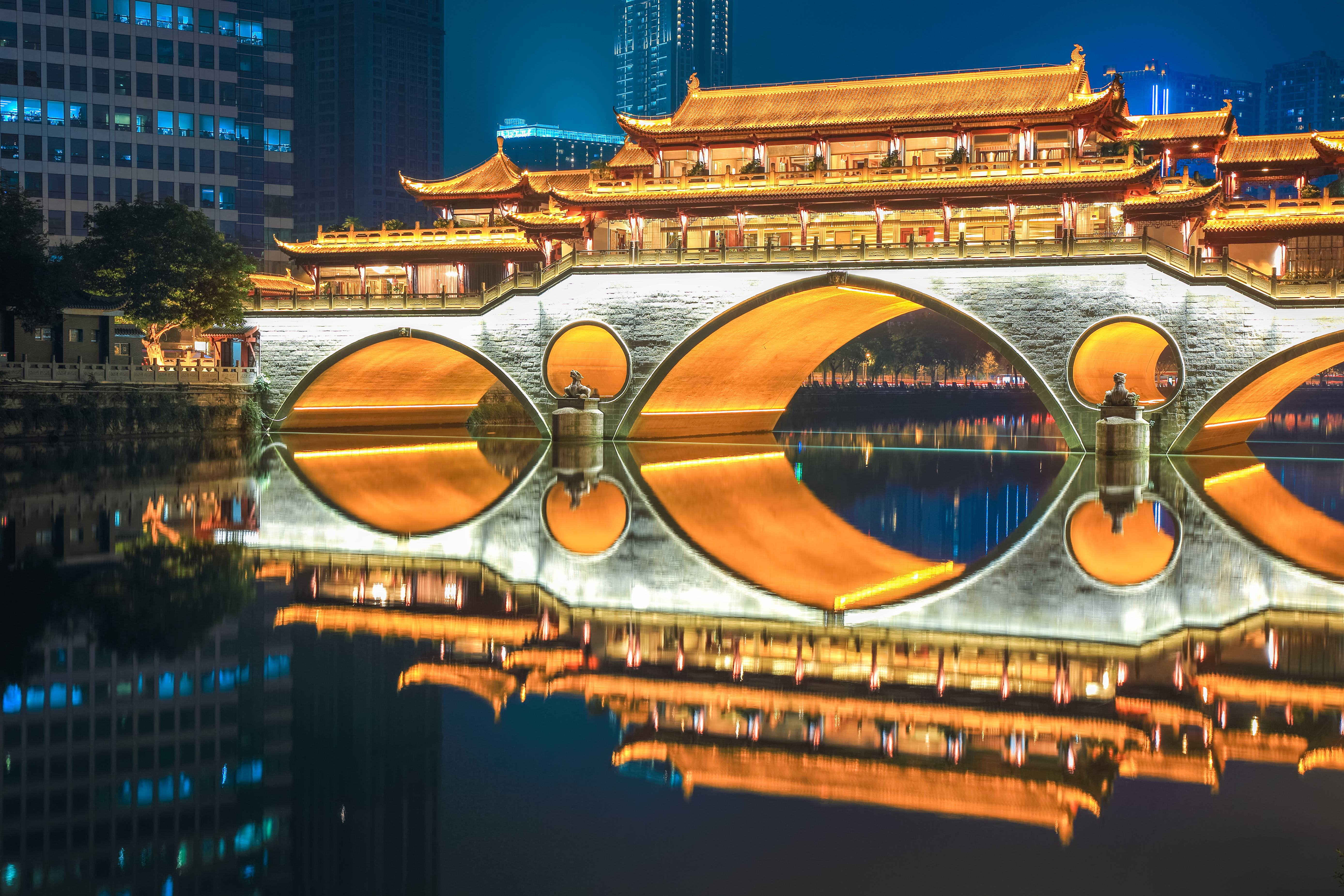 Chengdu old bridge at night ablaze with lights , sichuan , China
