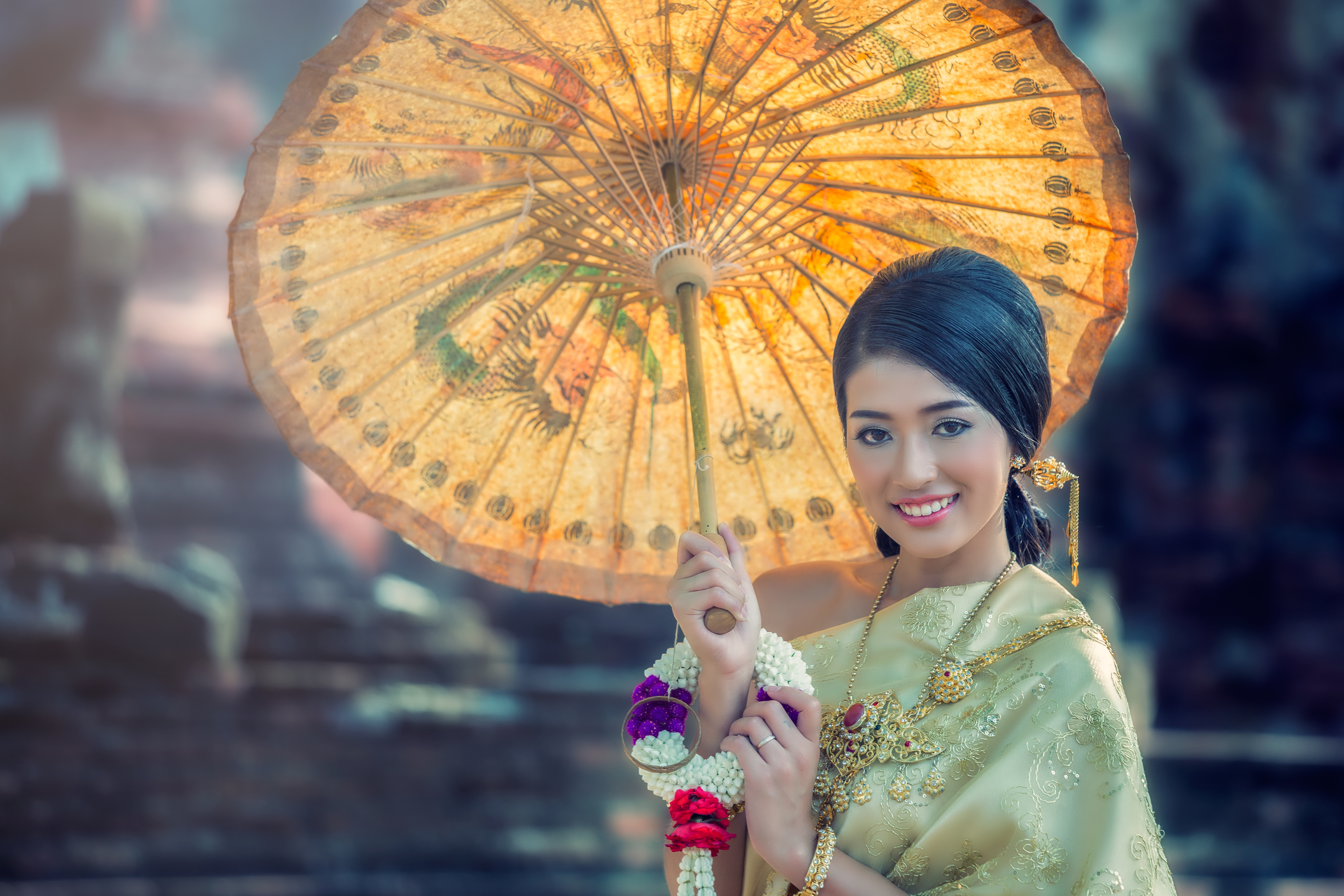 Thai Woman Wearing Typical Thai Dress at Ayutthaya Thailand