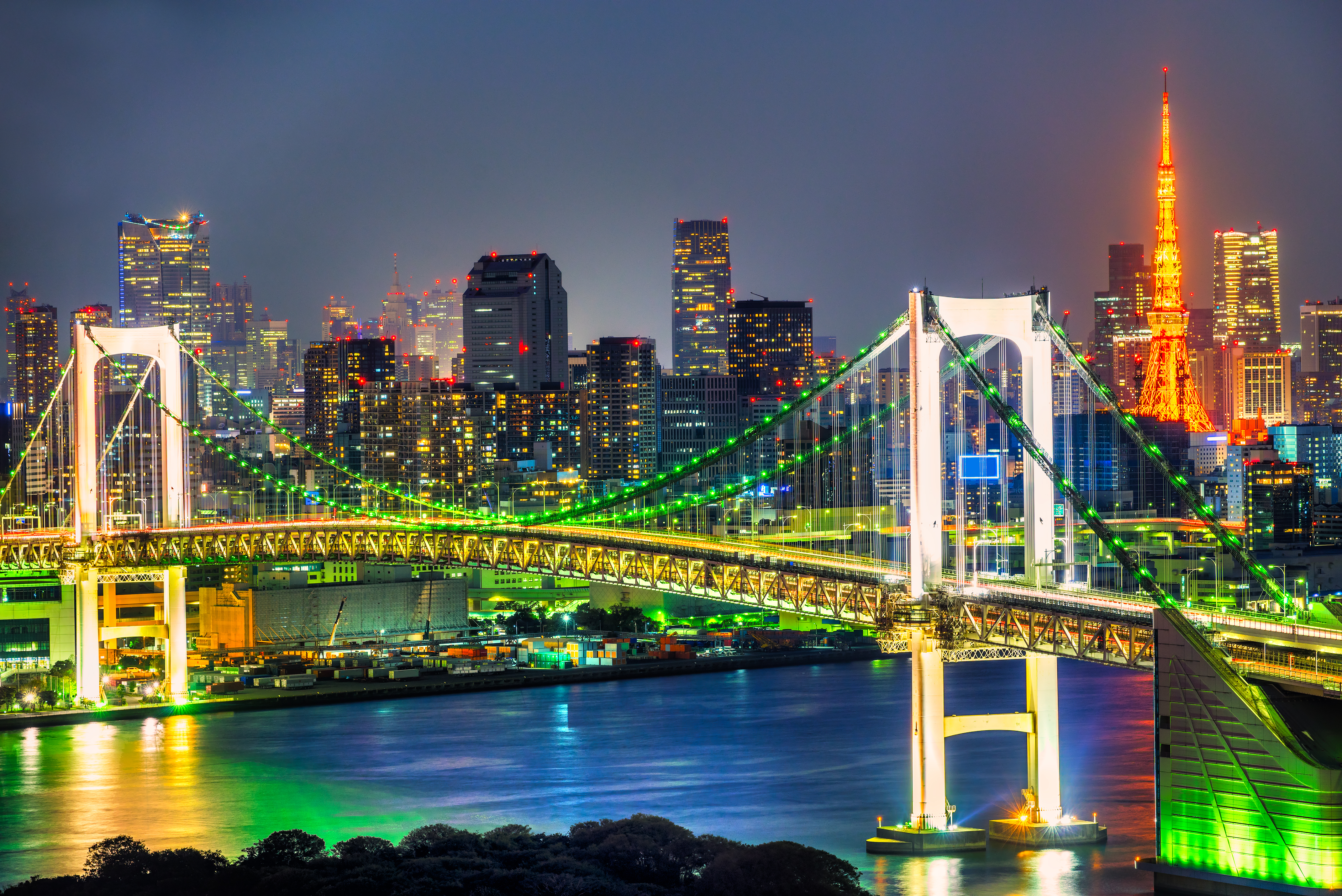 Tokyo Skyline at Night with Tokyo Tower and Rainbow Bridge, Tokyo, Japan