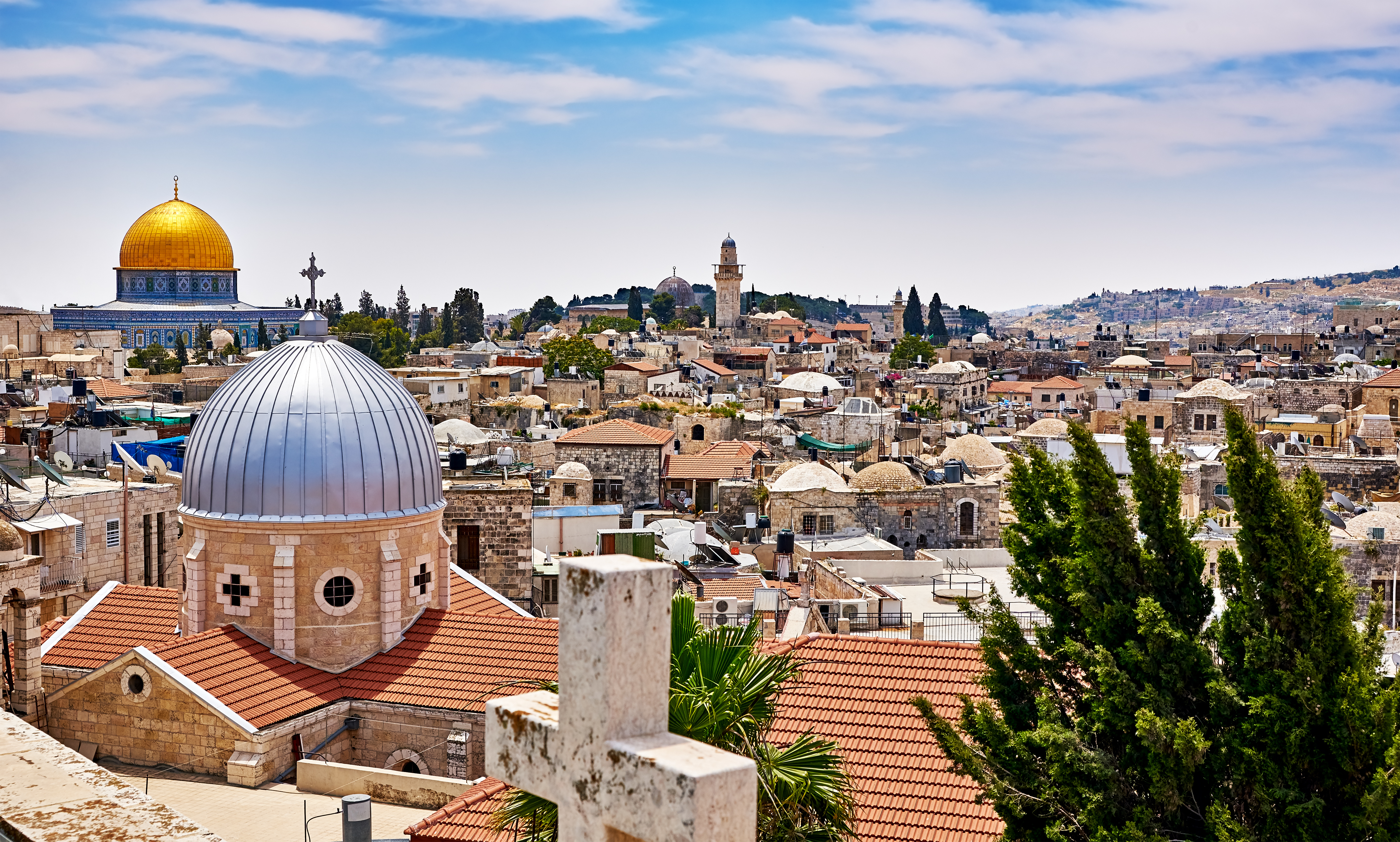 Jerusalem panoramic roof view to christians, jewish and muslims sacred places, Jerusalem, Israel