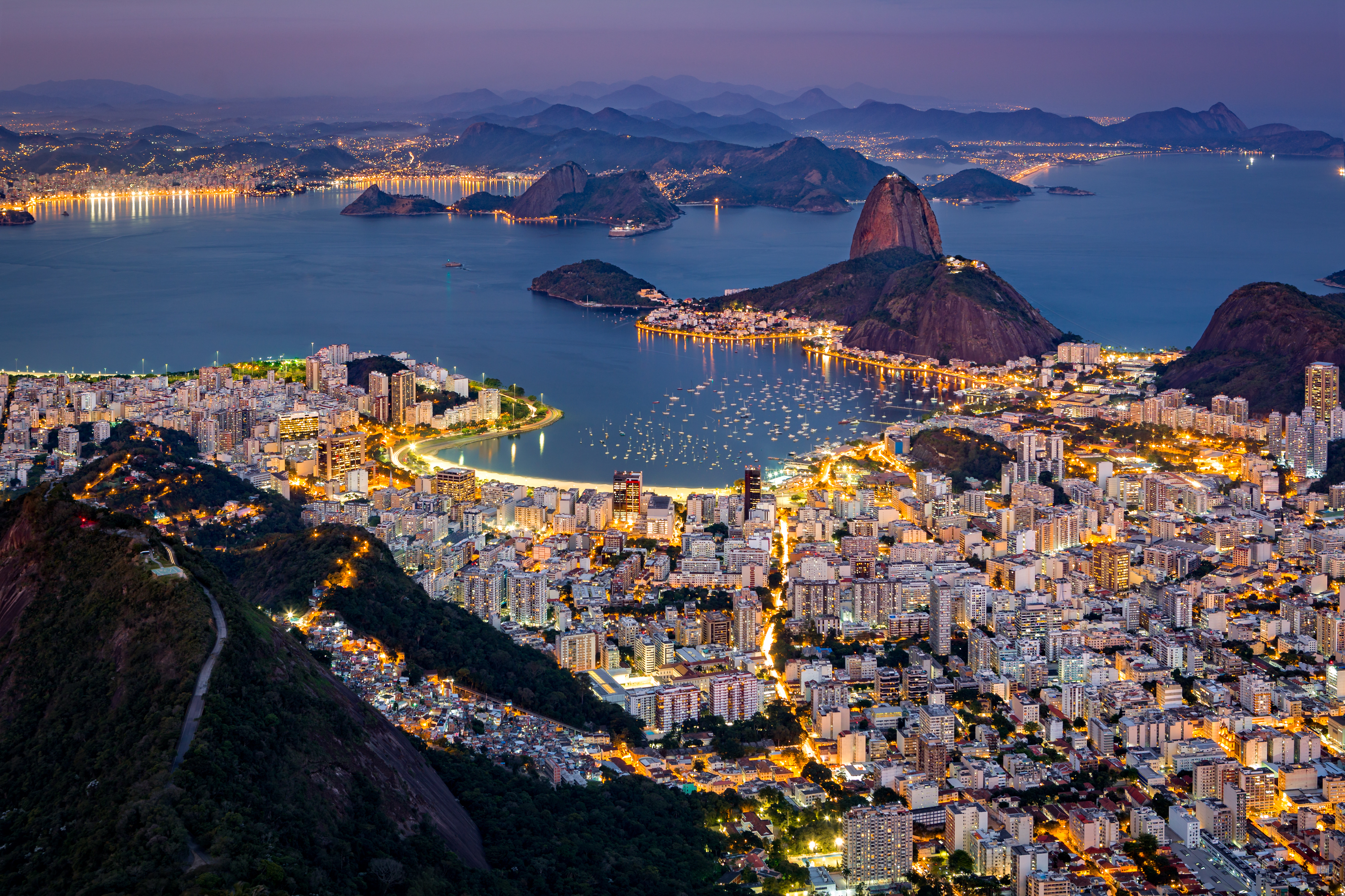Aerial view over Rio de Janeiro at Night as viewed from Corcovado, Brazil