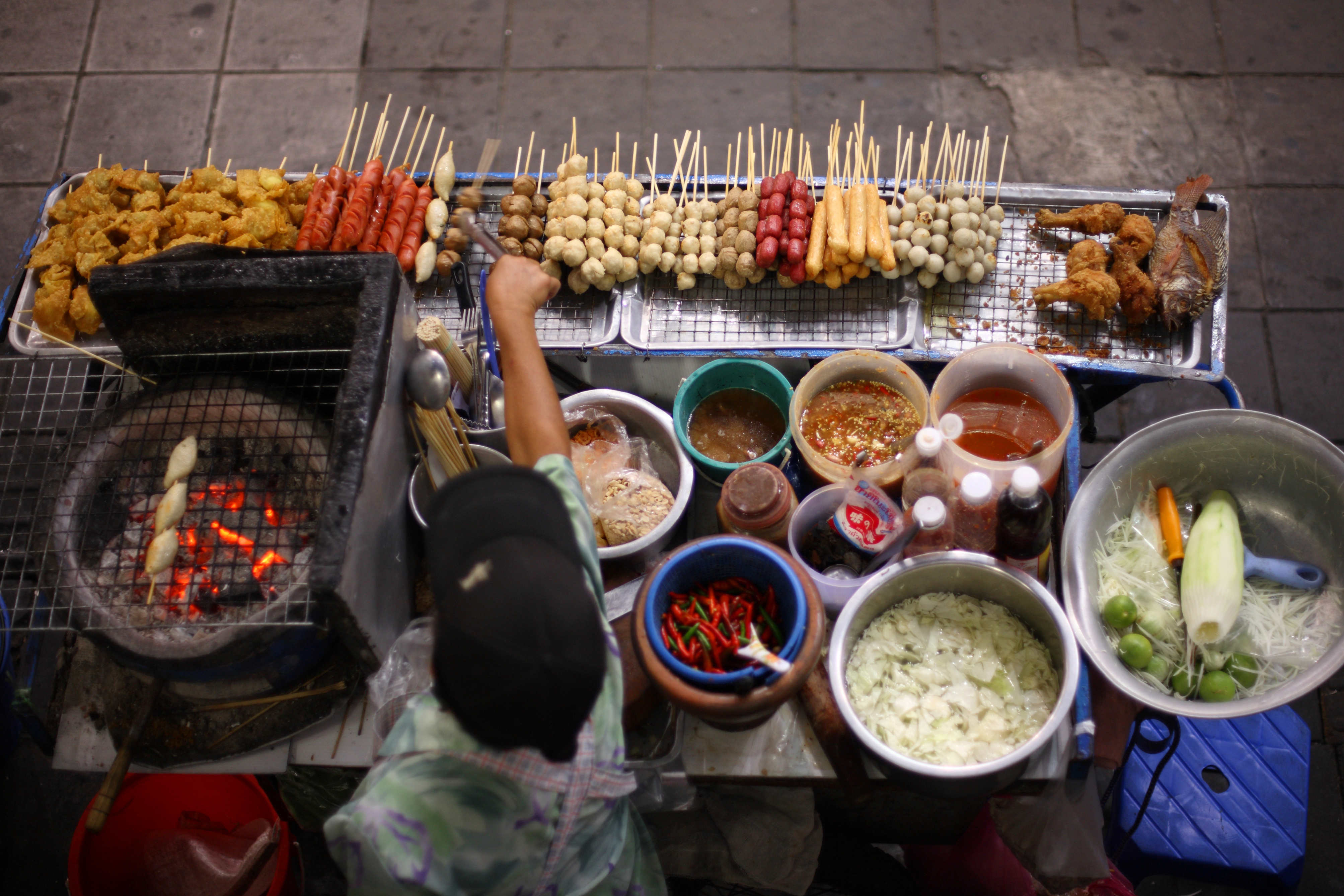 Top view of a Thai street food vendor in Bangkok, Thailand