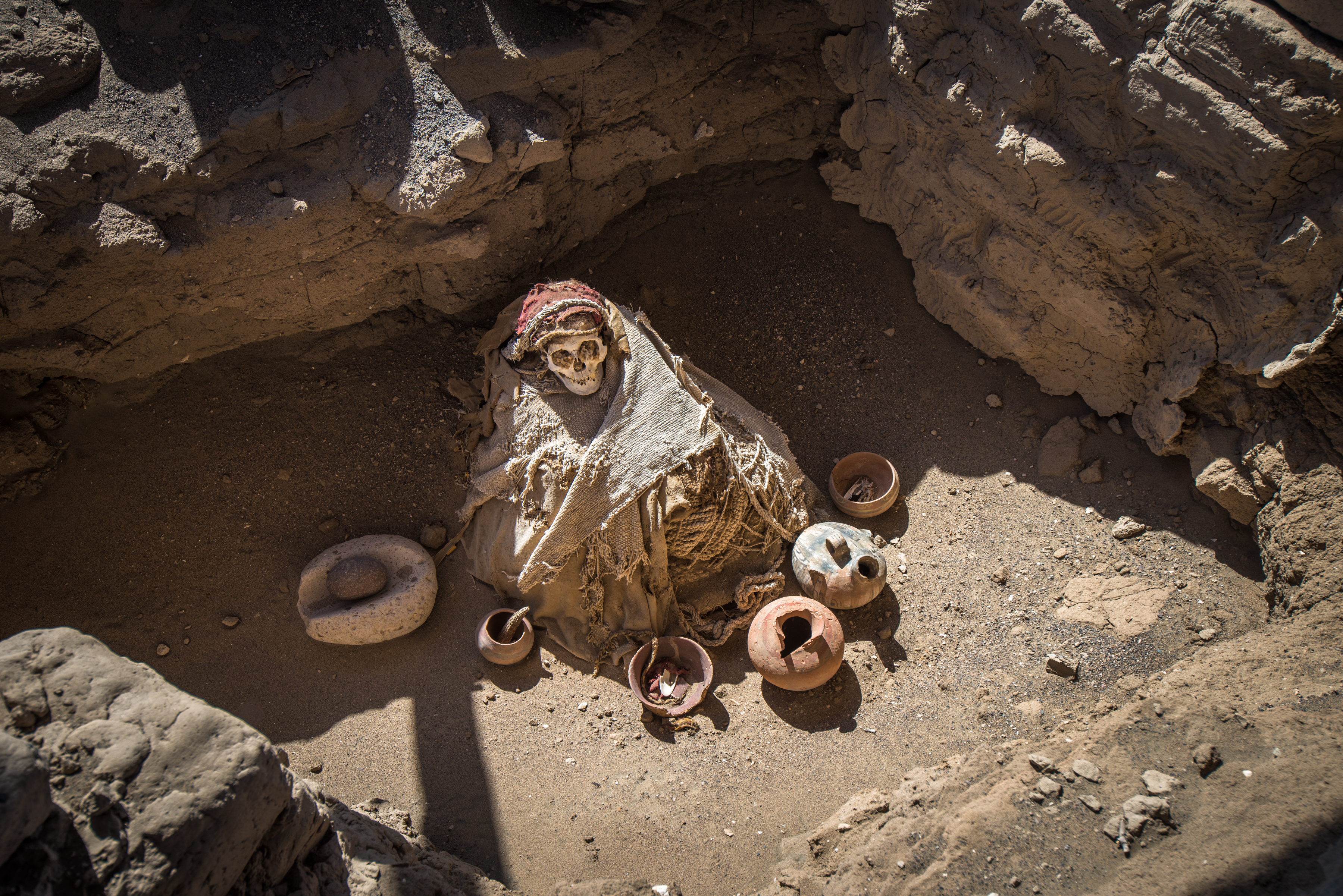 Chauchilla Cemetery with pre-Incan mummies in Nazca desert, Peru