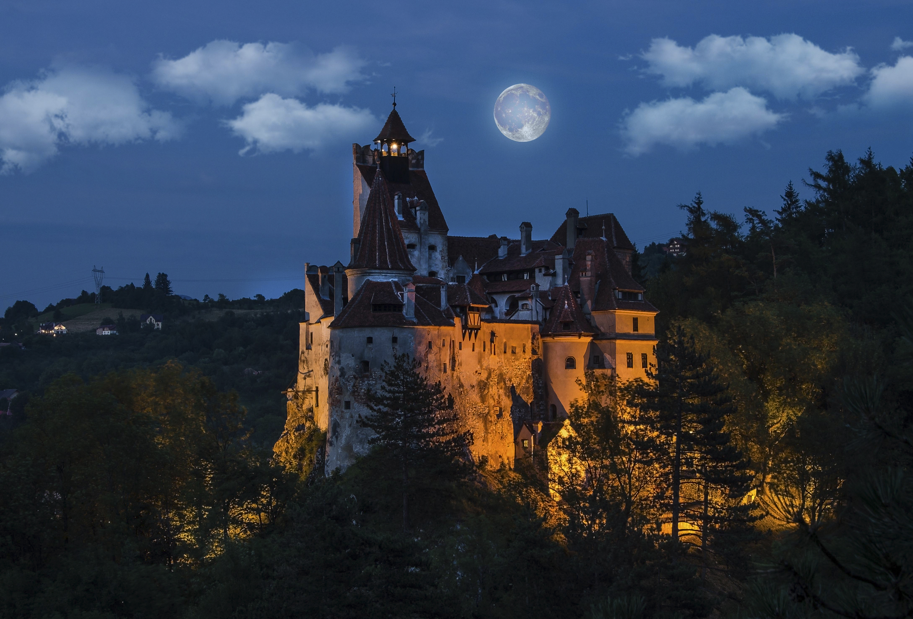 Bran Castle at Night with Full Moon, Transylvania, Romania