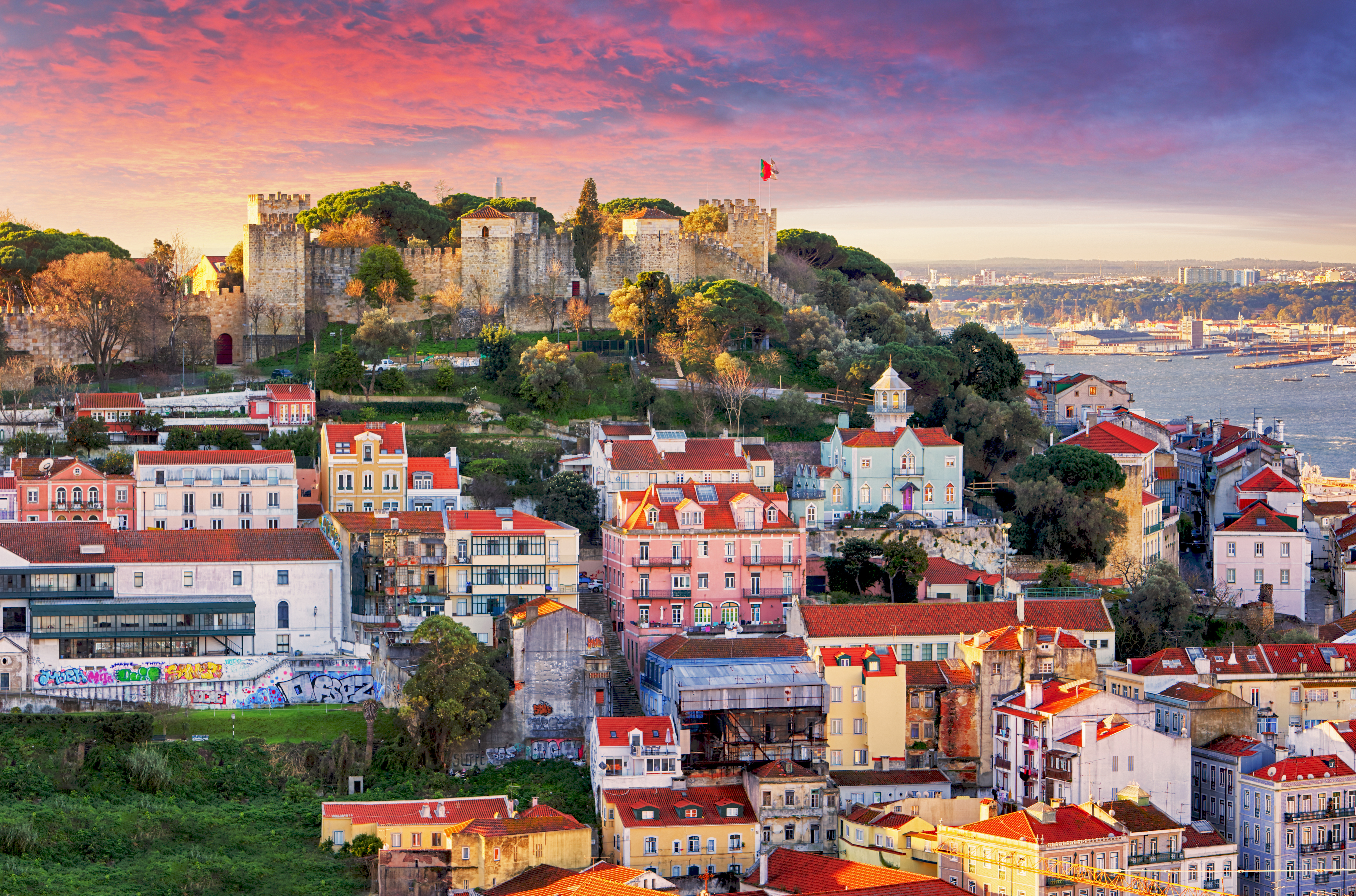 Alfama District skyline with Sao Jorge Castle, Lisbon, Portugal
