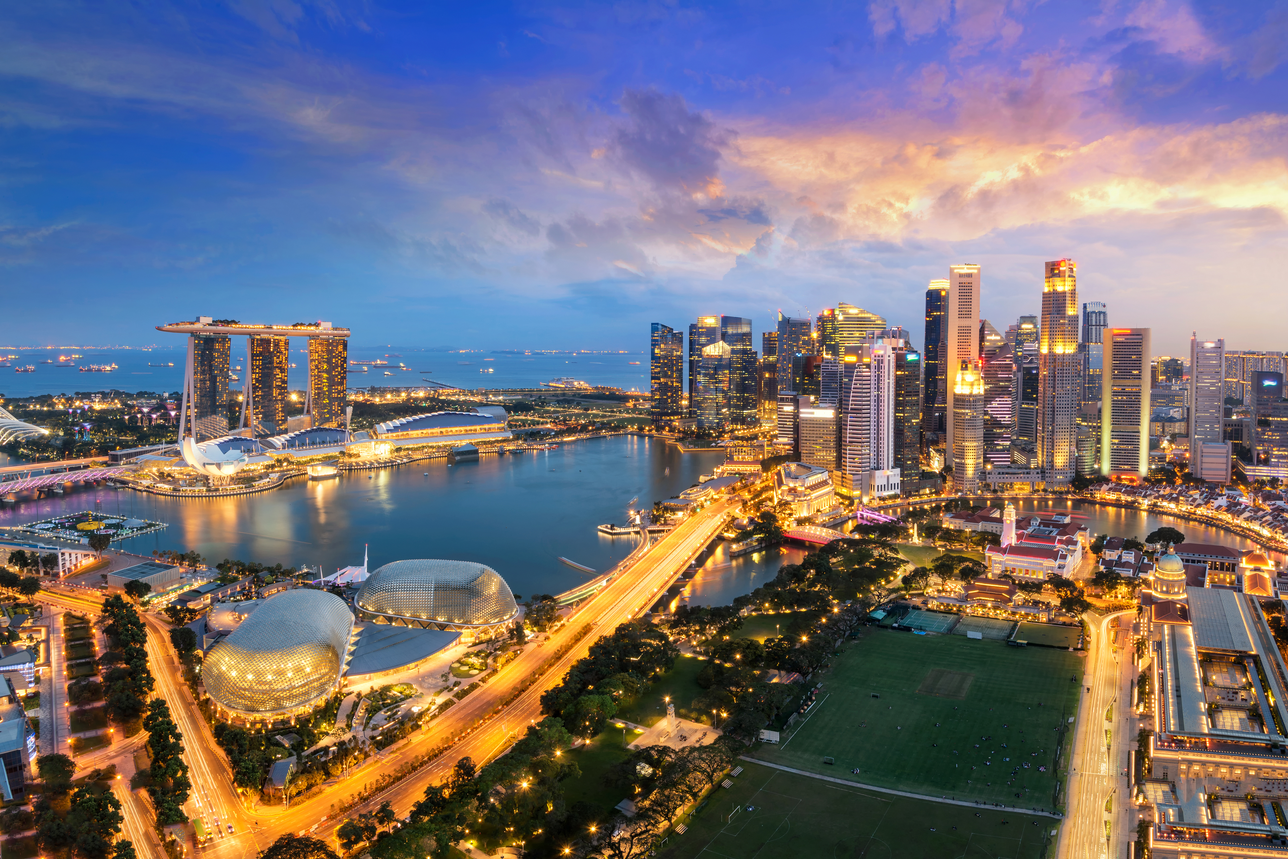 Aerial view of Singapore Skyline at night