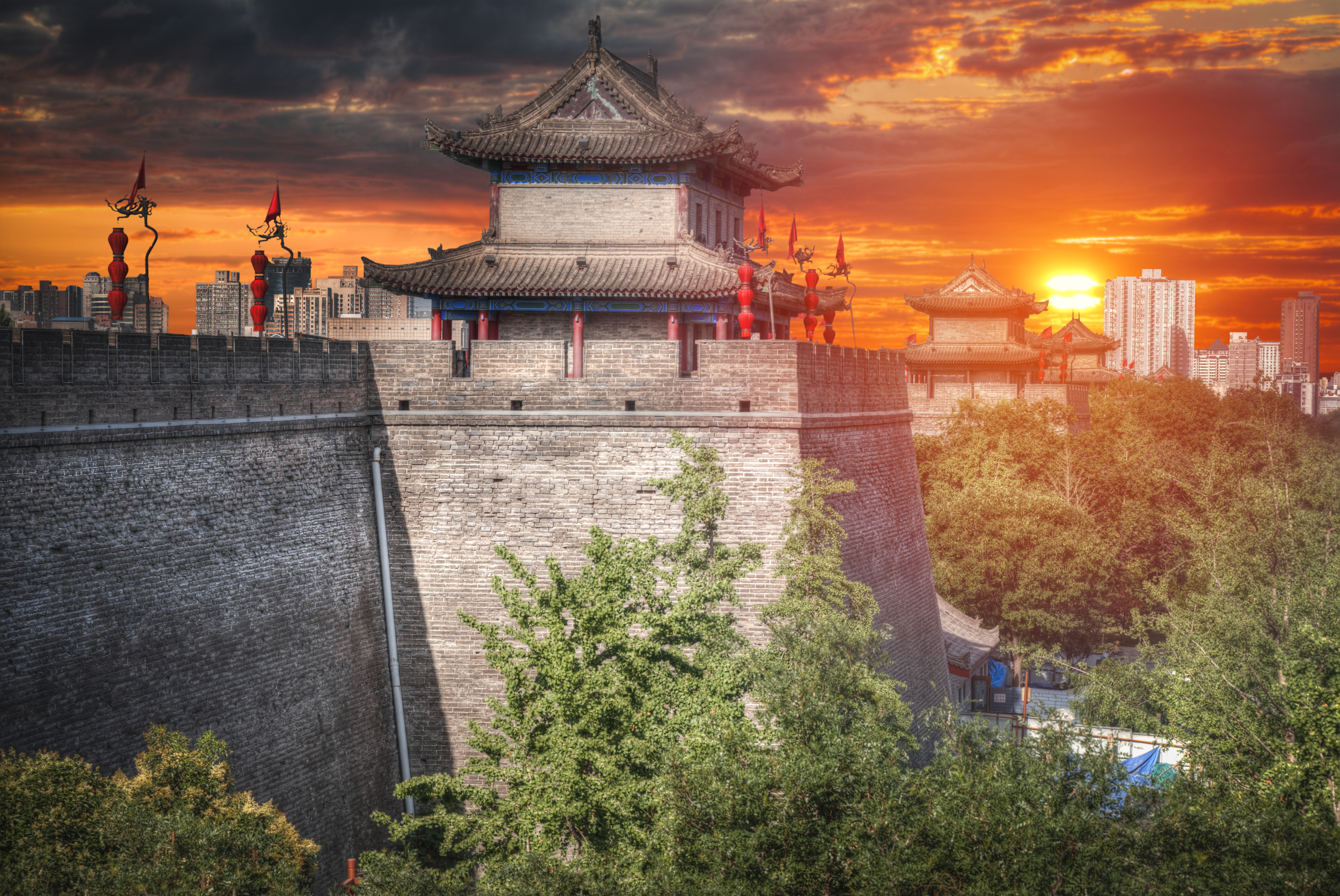 Wall around the old Chinese city of Xian, China Vacations