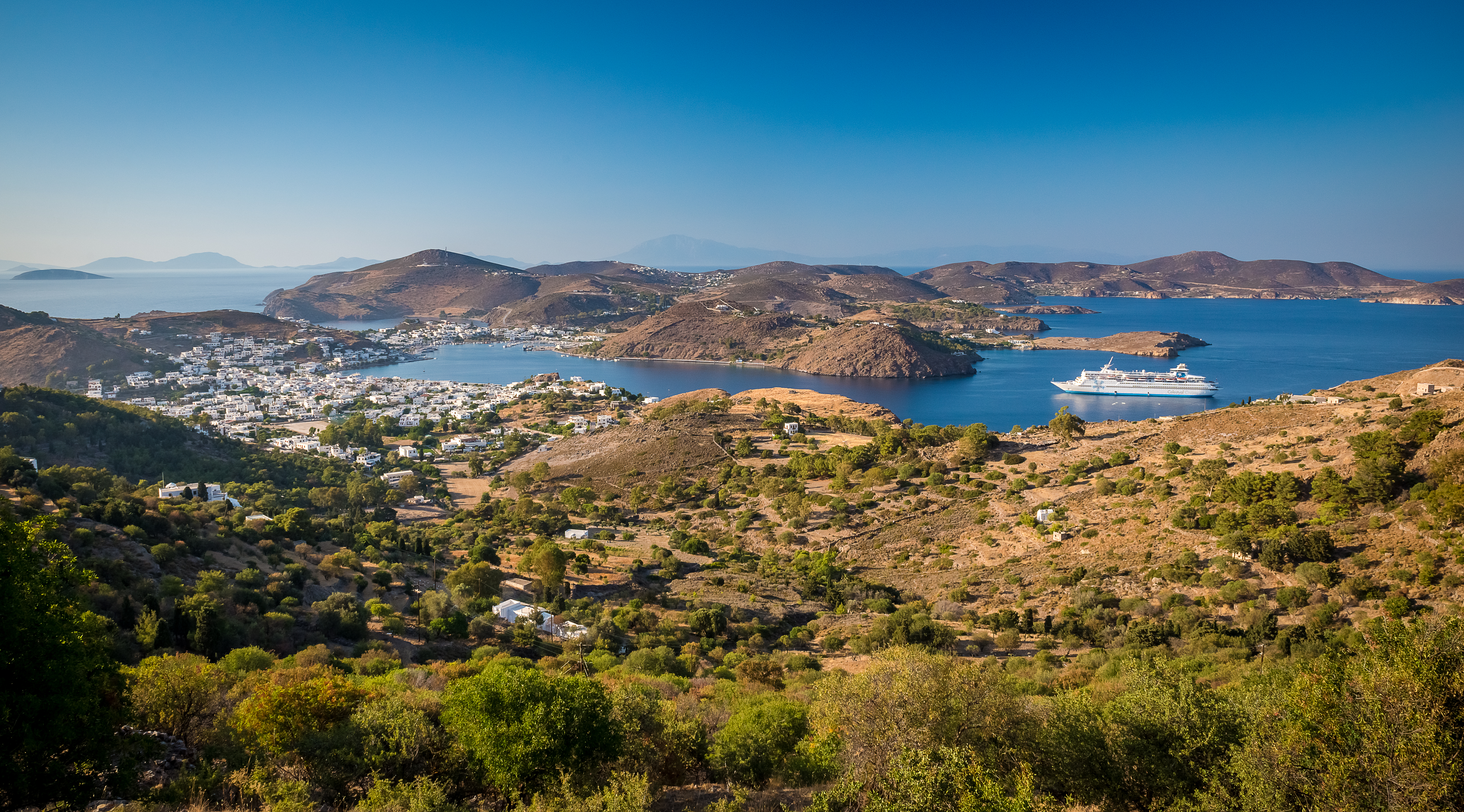 Skala village and port view in Patmos island Greece