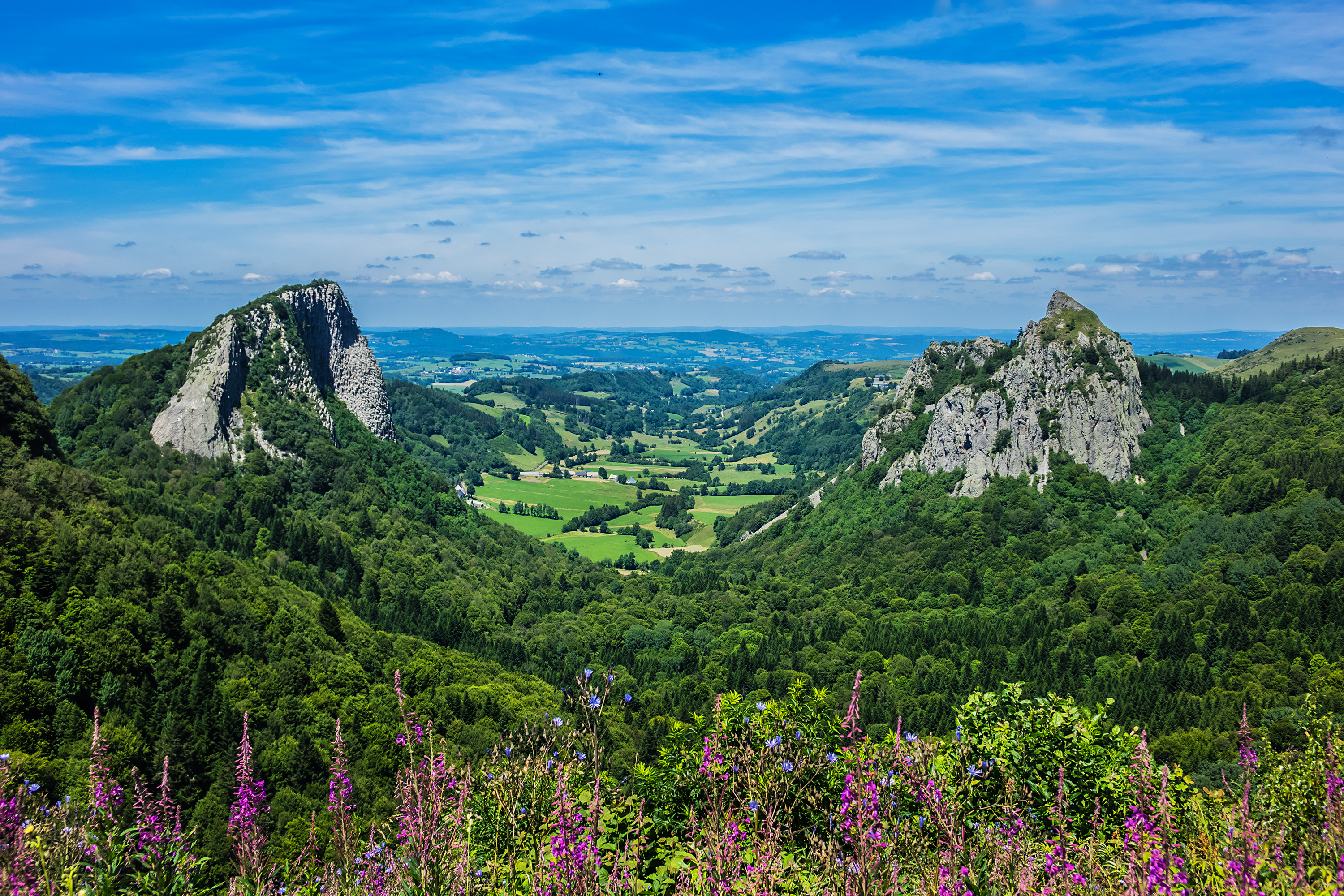 Famous Auvergne rocks, Tuiliere and Sanadoire in Volcans d'Auvergne regional natural park, Auvergne, France