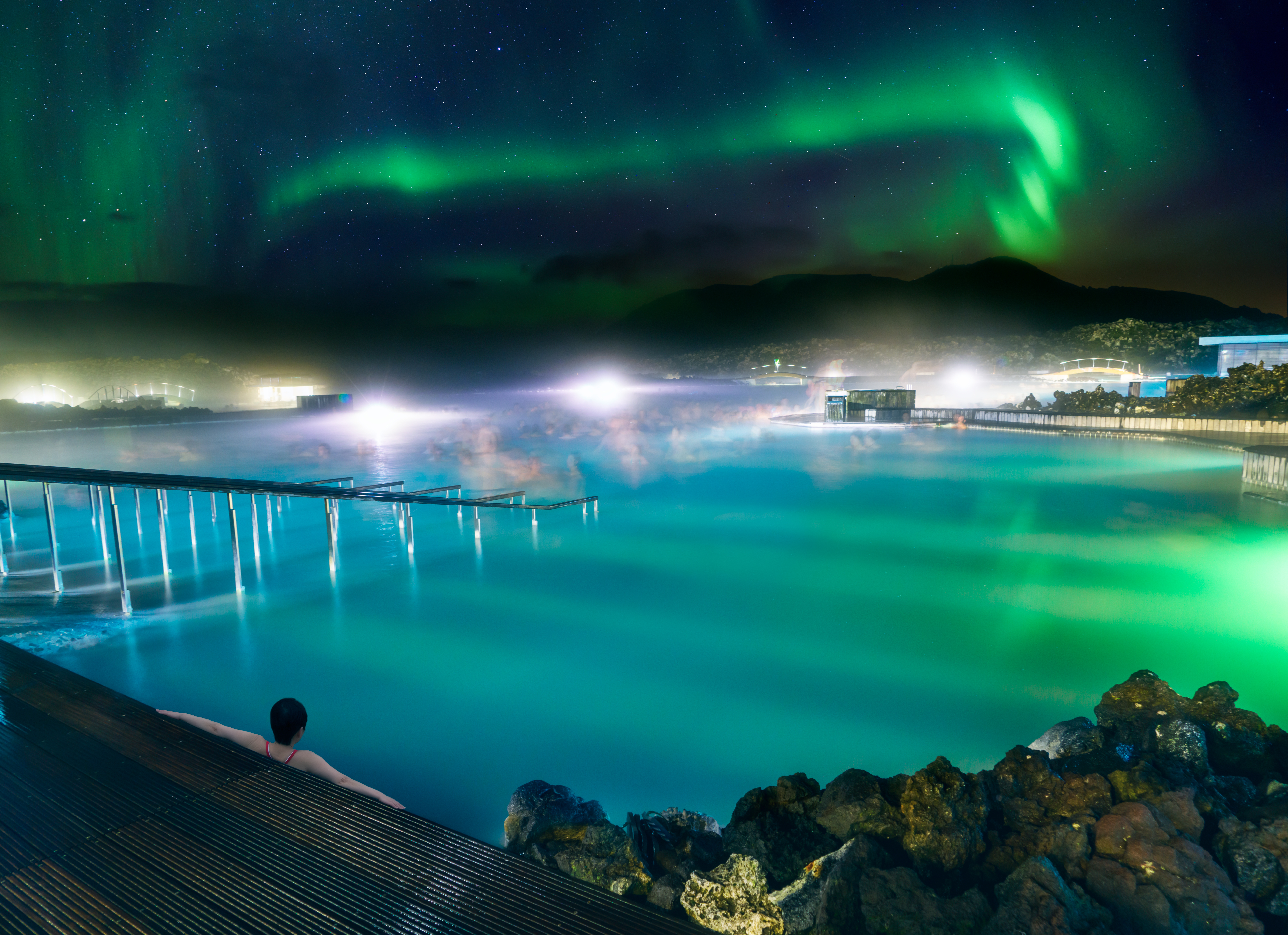 Blue Lagoon at night with Northern Lights, Iceland