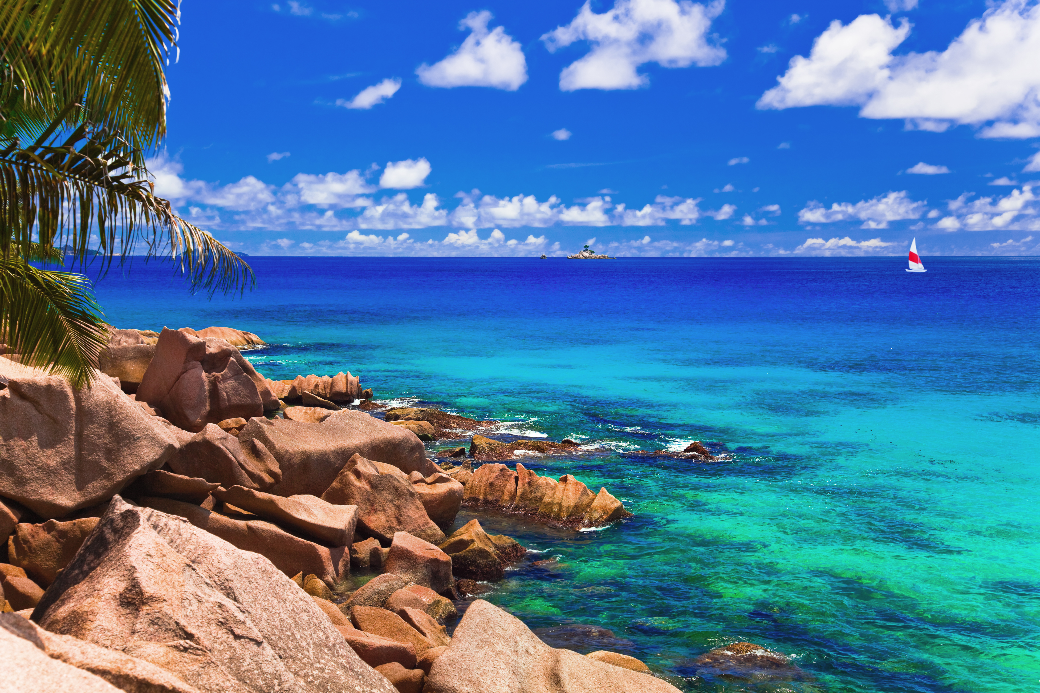 Beaches of La Digue and Sailboat Seychelles