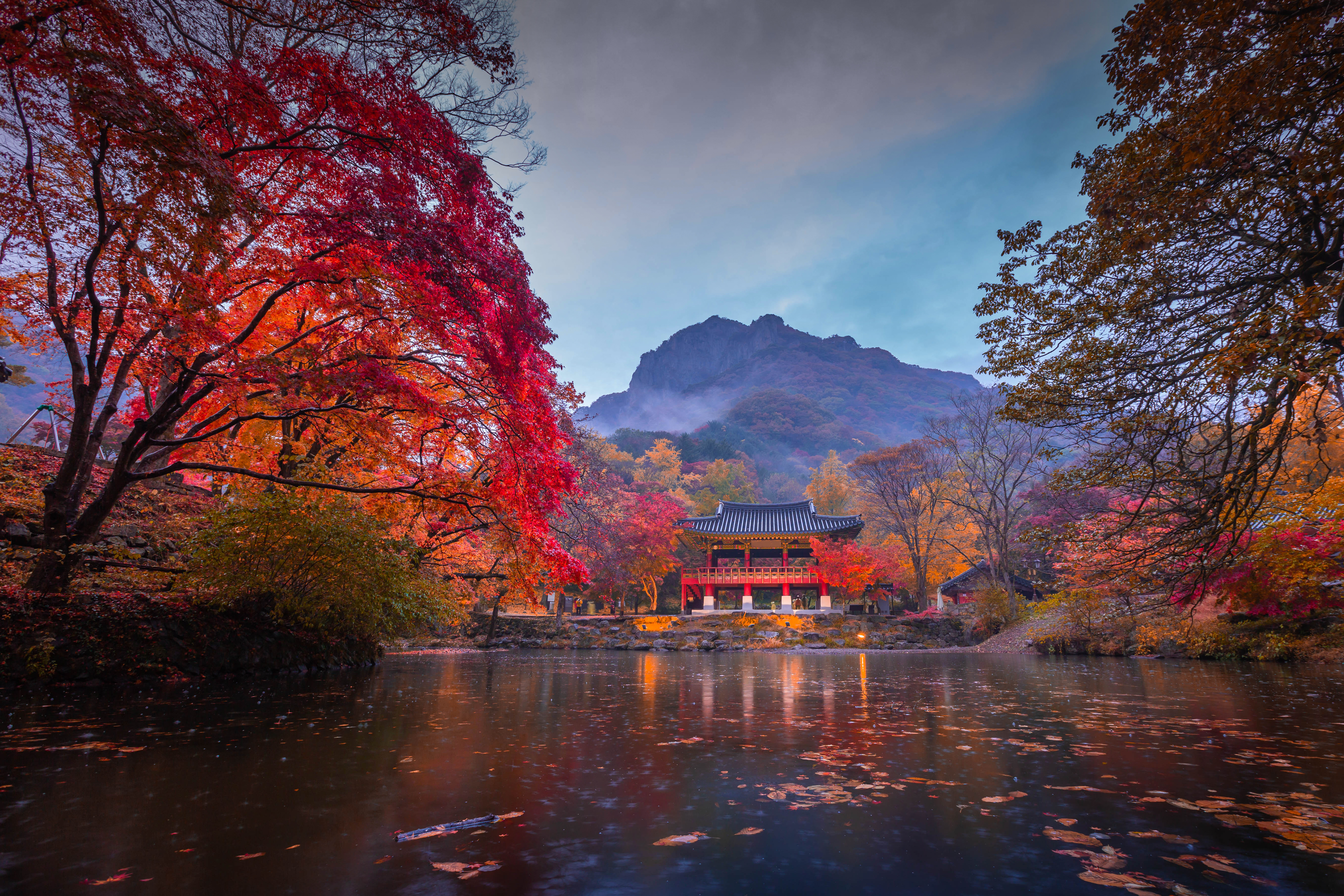 Baekyangsa Temple surrounded by the colours of autumn in Naejangsan National Park in South Korea