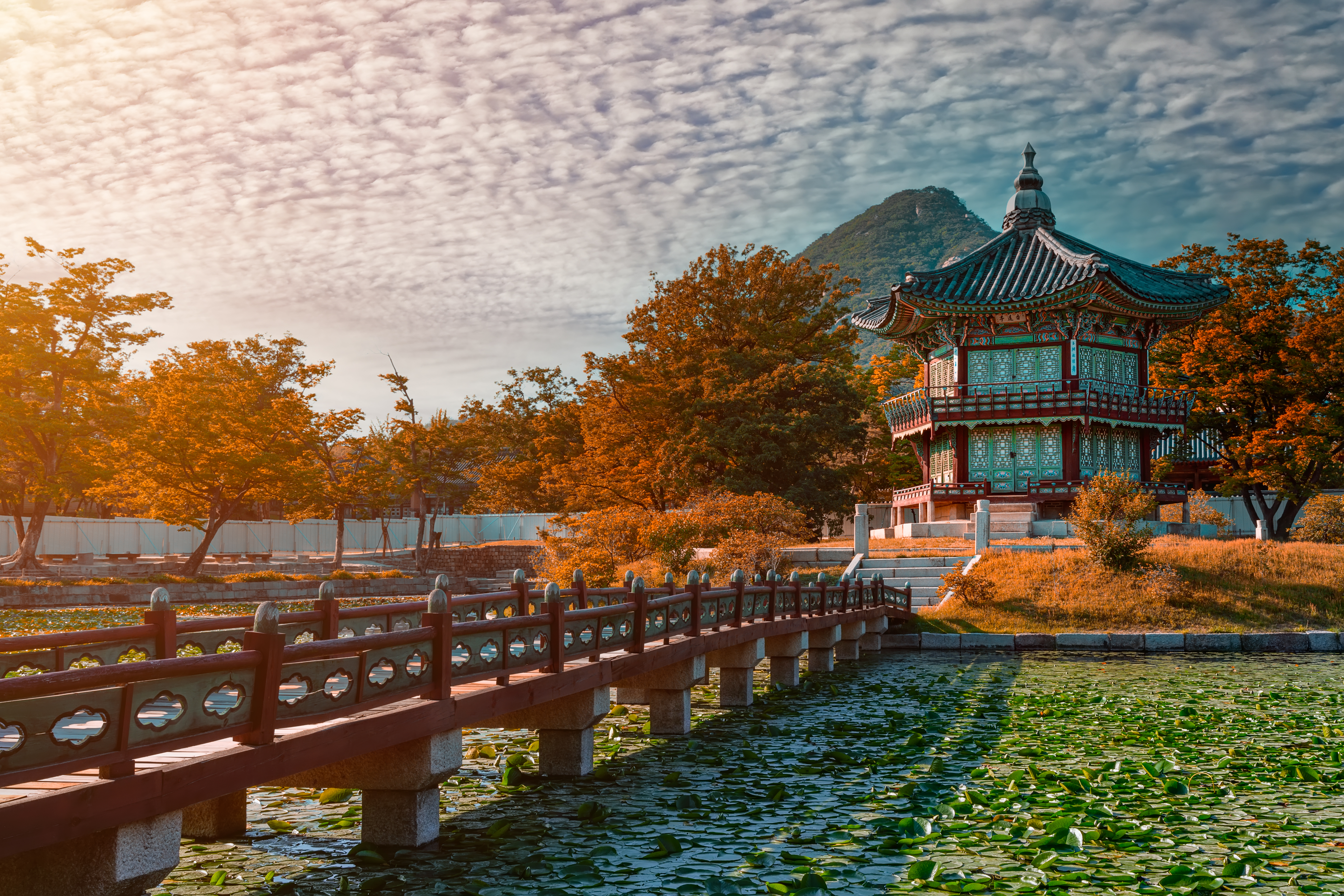 view of a palace pagoda surrounded by oranges of fall and a moat and bridge